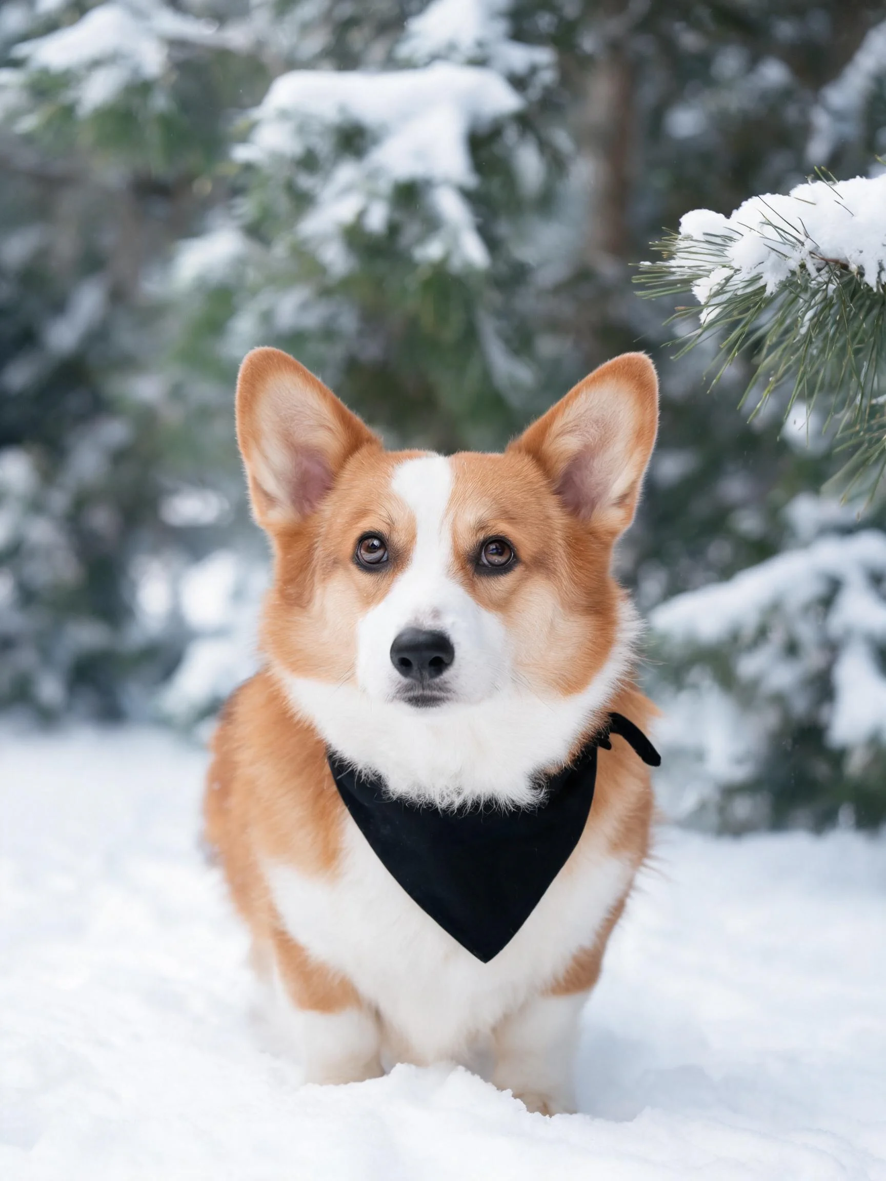 一只毛色棕白相间的柯基犬站在雪地中，脖子上系着黑色三角巾，眼神专注地看向镜头方向。