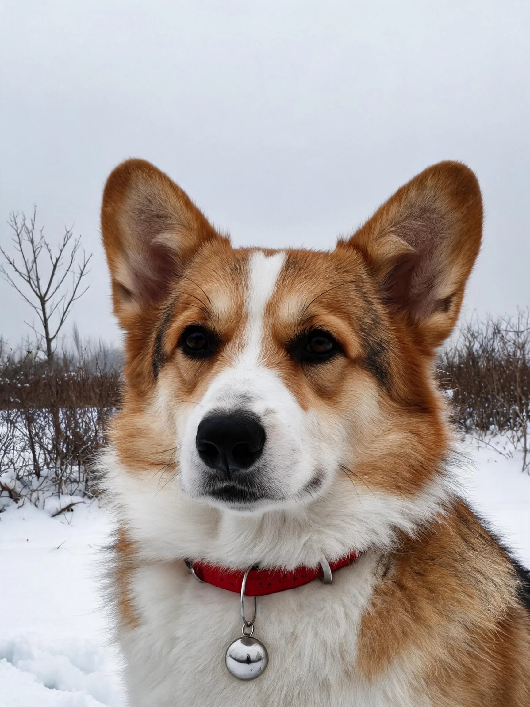 威尔士柯基犬戴着红色项圈,银色铃铛清晰可见,毛发蓬松且呈现棕白相间纹理。