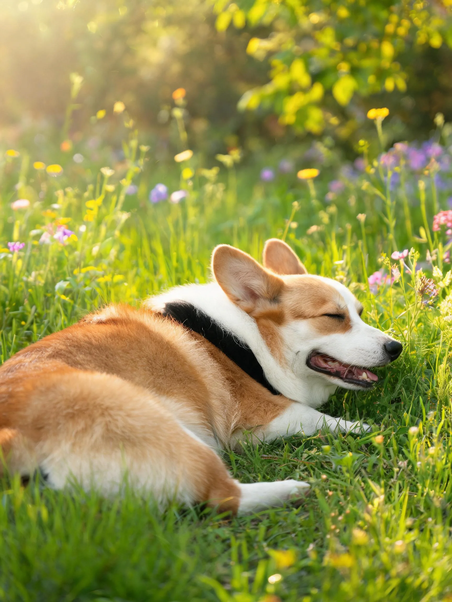 柯基犬在阳光照耀下，浅棕色与白色相间的毛发柔软蓬松，正安静地躺在花草丛生的草地上。