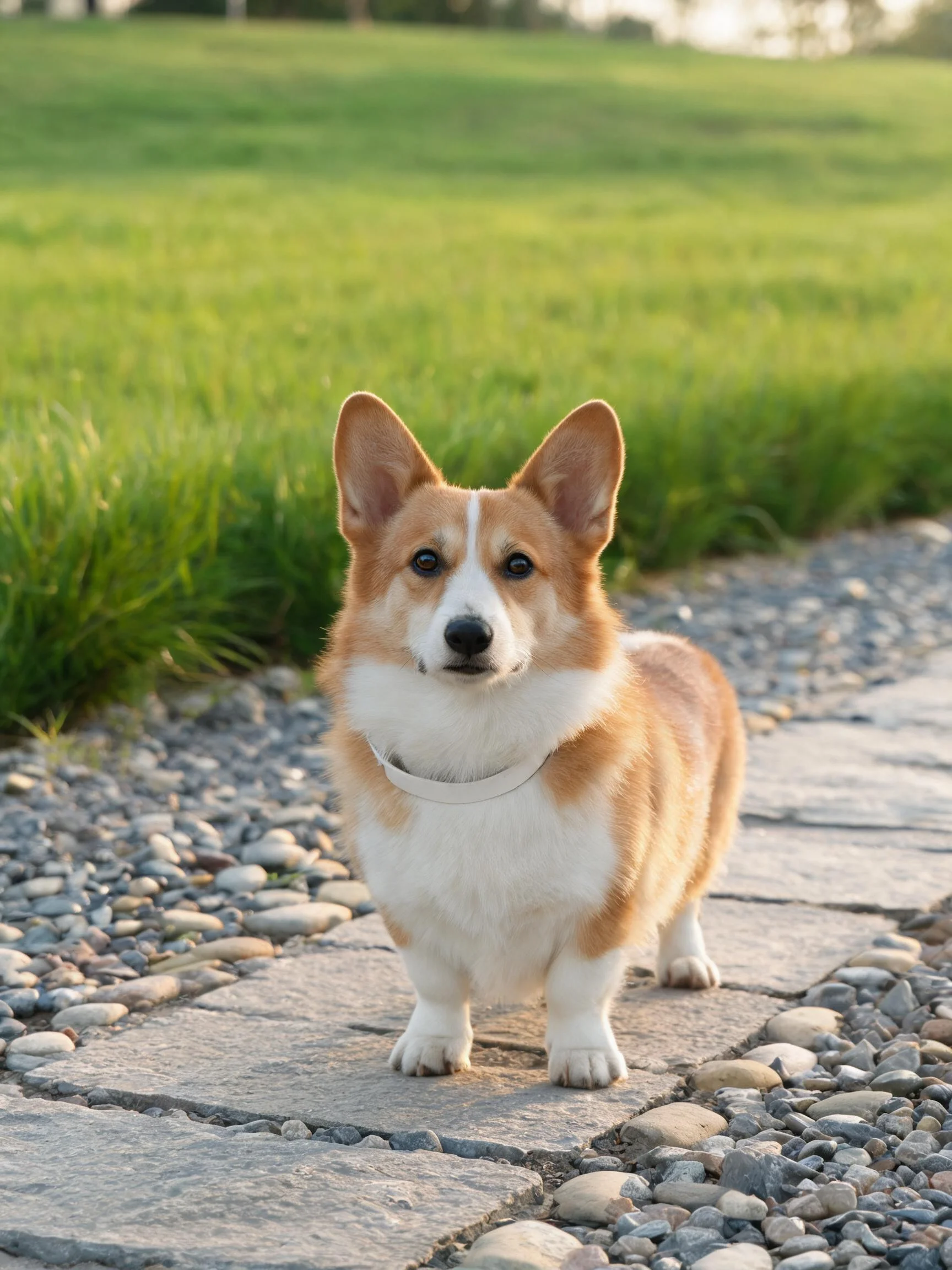 石板路上的柯基犬,浅棕色与白色相间的毛发,耳朵竖立注视前方。