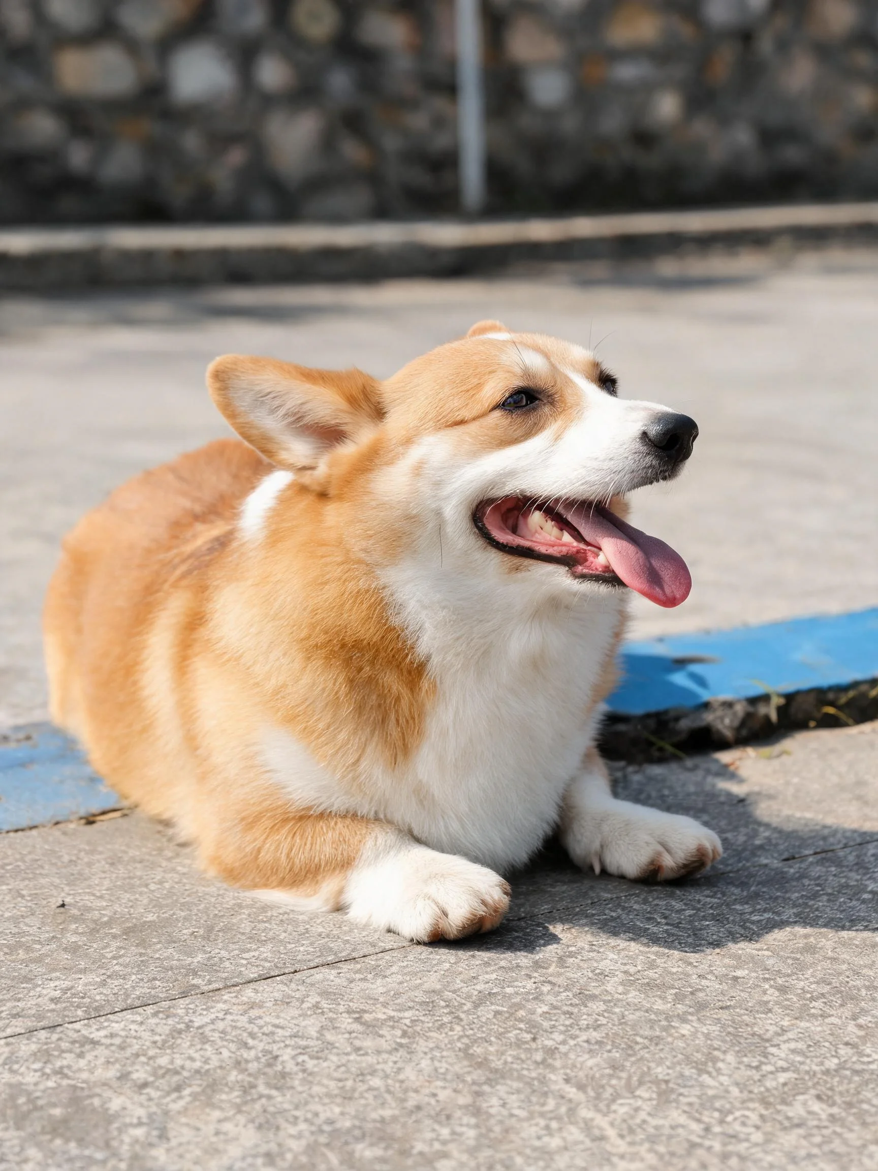柯基犬嘴巴张开露出湿润的粉色舌头,趴在户外水泥地面上。