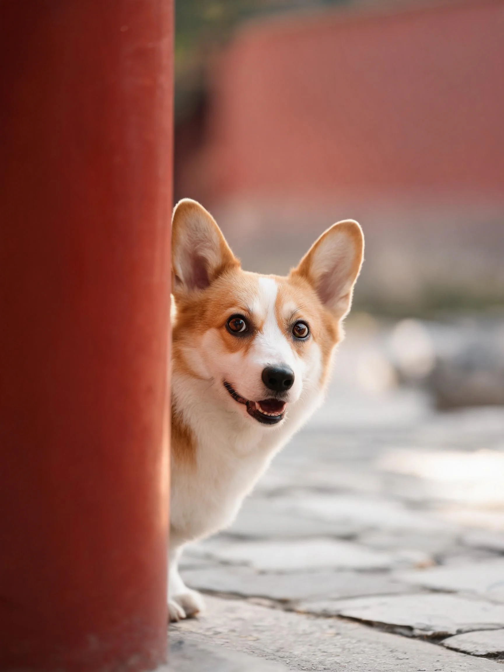 柯基犬从红色柱旁探出身子,浅棕色与白色相间的毛发,眼神明亮注视镜头。