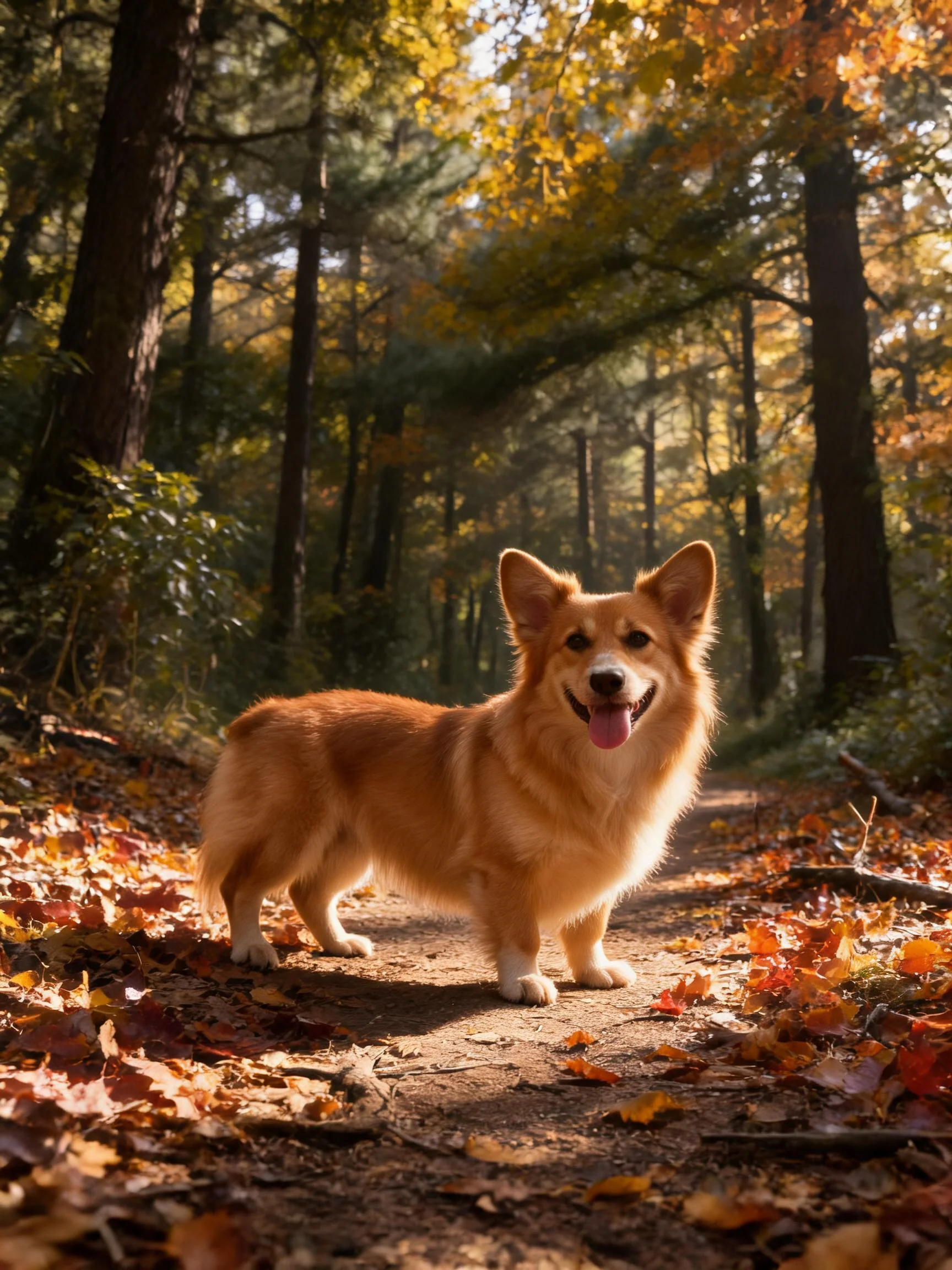 威尔士柯基犬站在铺满落叶的小径上,金棕色毛发蓬松,嘴巴张开露出舌头。