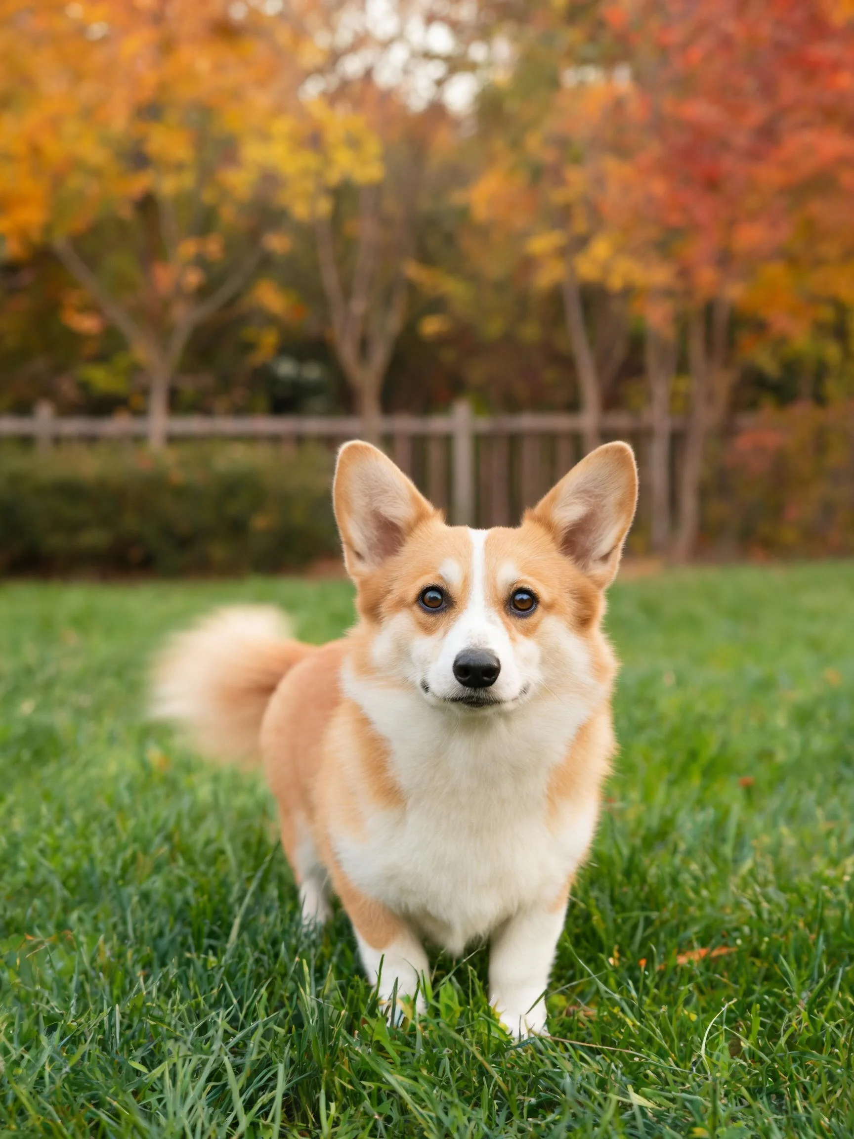 威尔士柯基犬站立姿态,浅棕色与白色相间的毛发,竖立的耳朵。