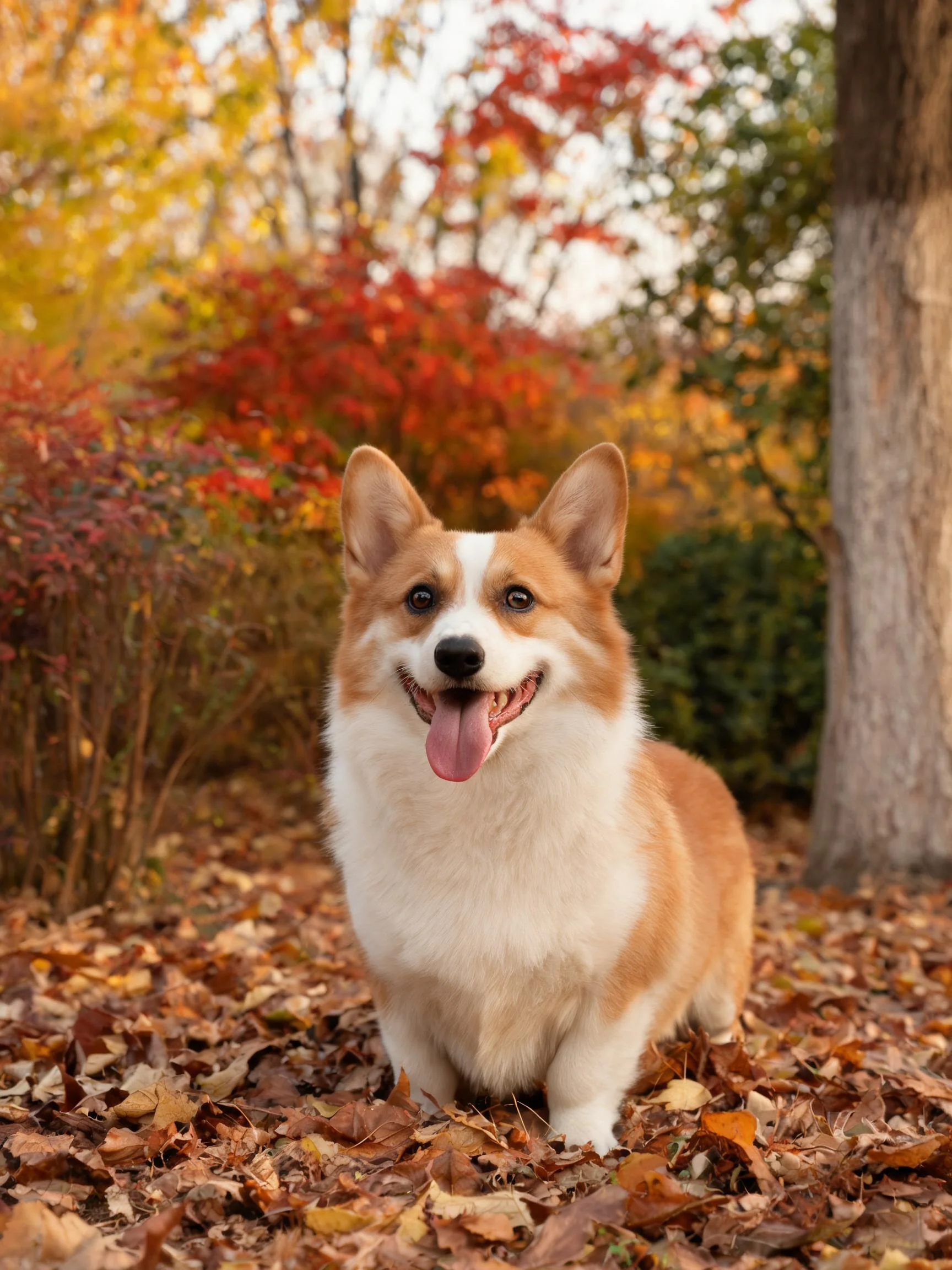 威尔士柯基犬嘴巴张开露舌站立在满是落叶的秋季公园场景中。