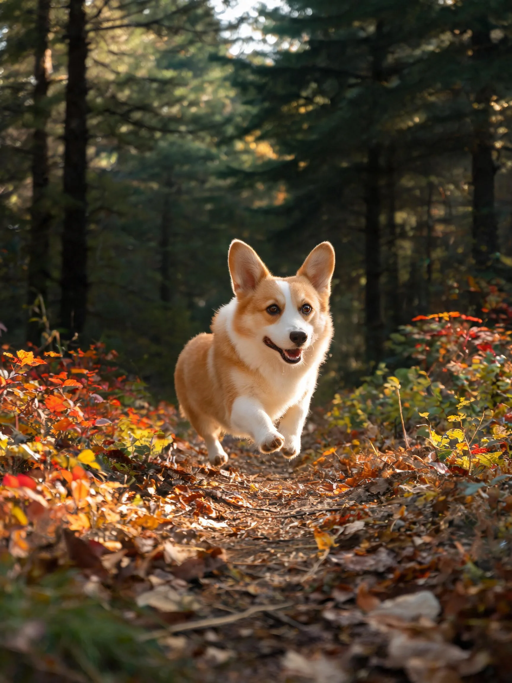 威尔士柯基犬在森林小径上跳跃,浅棕与白色相间的被毛清晰可见,四肢有力伸展。