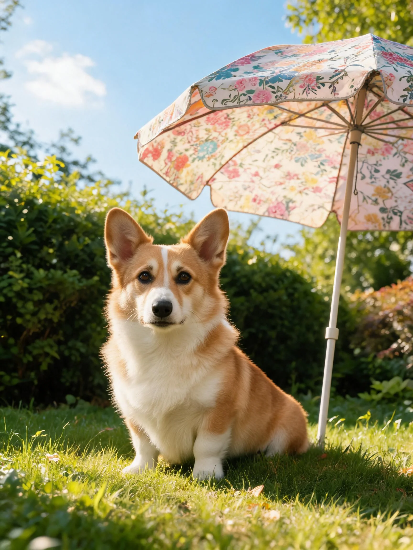 柯基犬安静地坐在阳光下的草坪上,浅棕色与白色相间的毛发柔软贴附在身体表面。