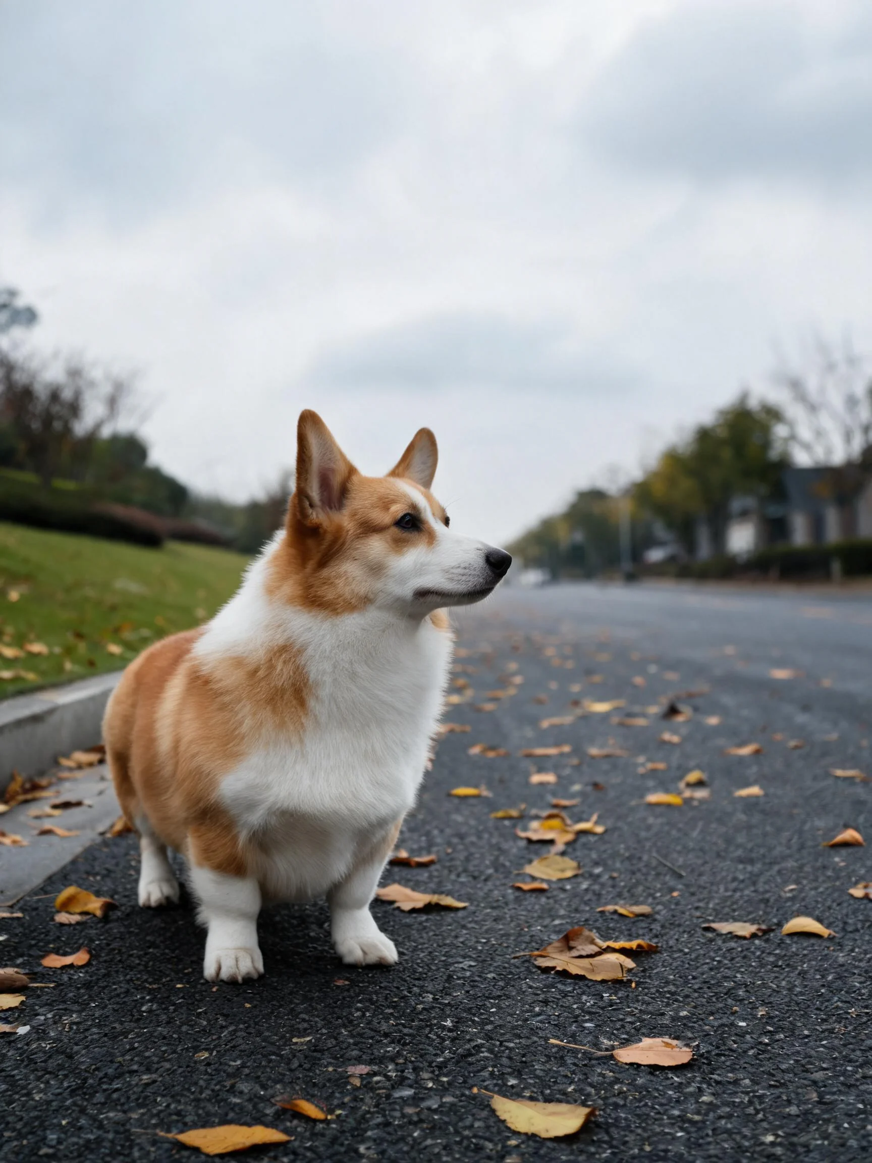 一只毛色棕白相间的威尔士柯基犬，耳朵竖立，目光看向远方，周围散落着枯黄的树叶。