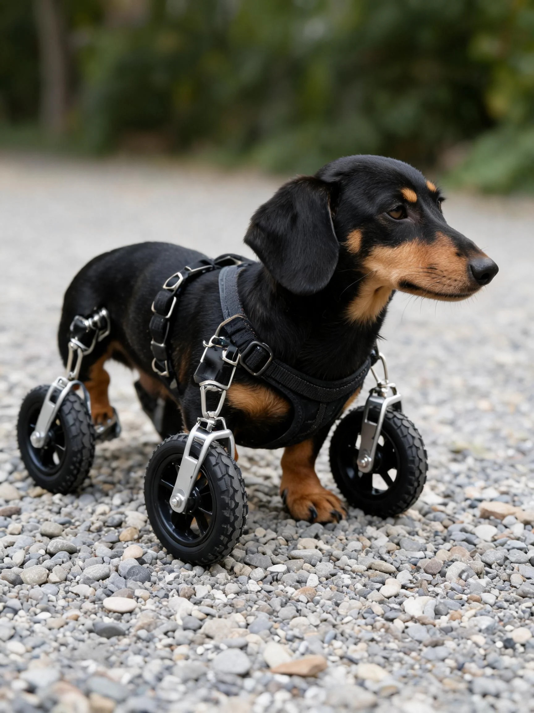 腊肠犬佩戴四轮轮椅装置,黑色与棕色相间的被毛搭配金属质感的轮椅结构,轮胎表面有清晰纹理。