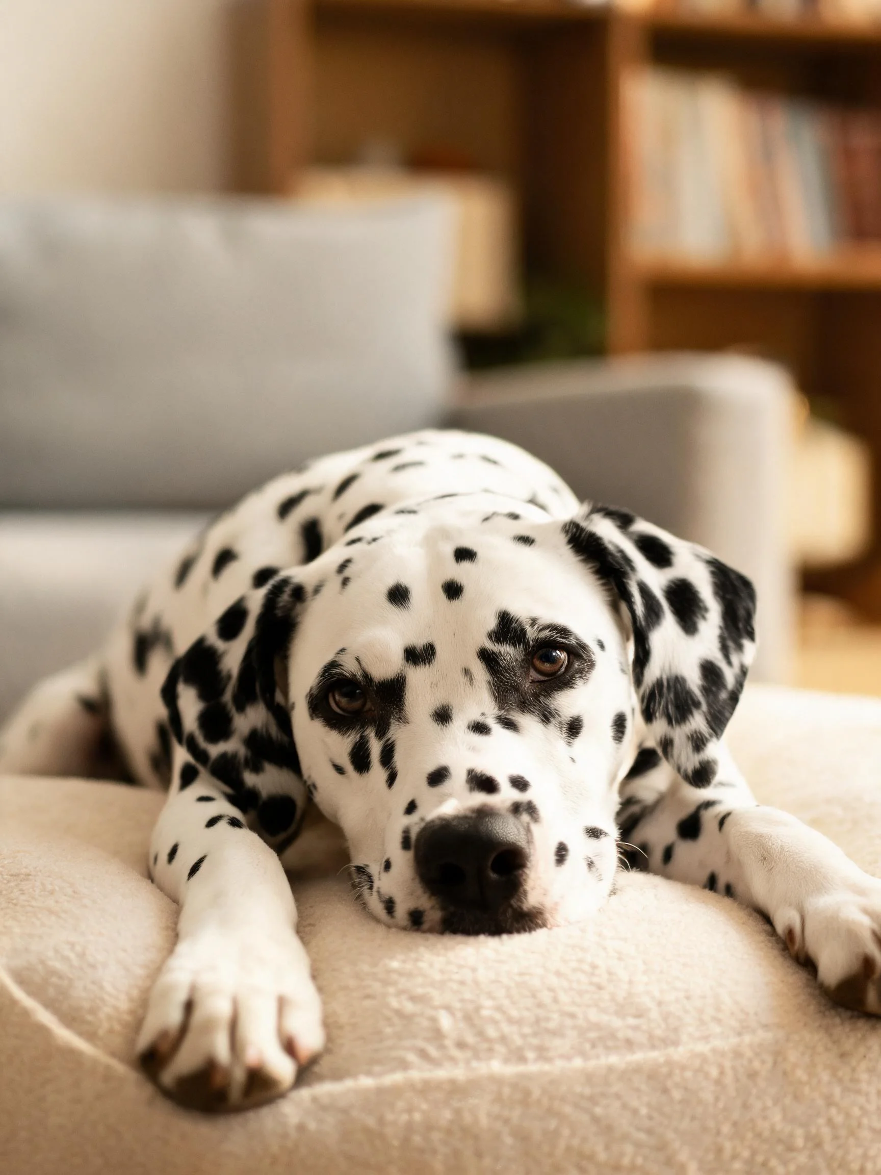 一只达尔马提犬以黑白斑点皮毛趴卧在浅色软垫上,头部轻靠在软垫边缘。
