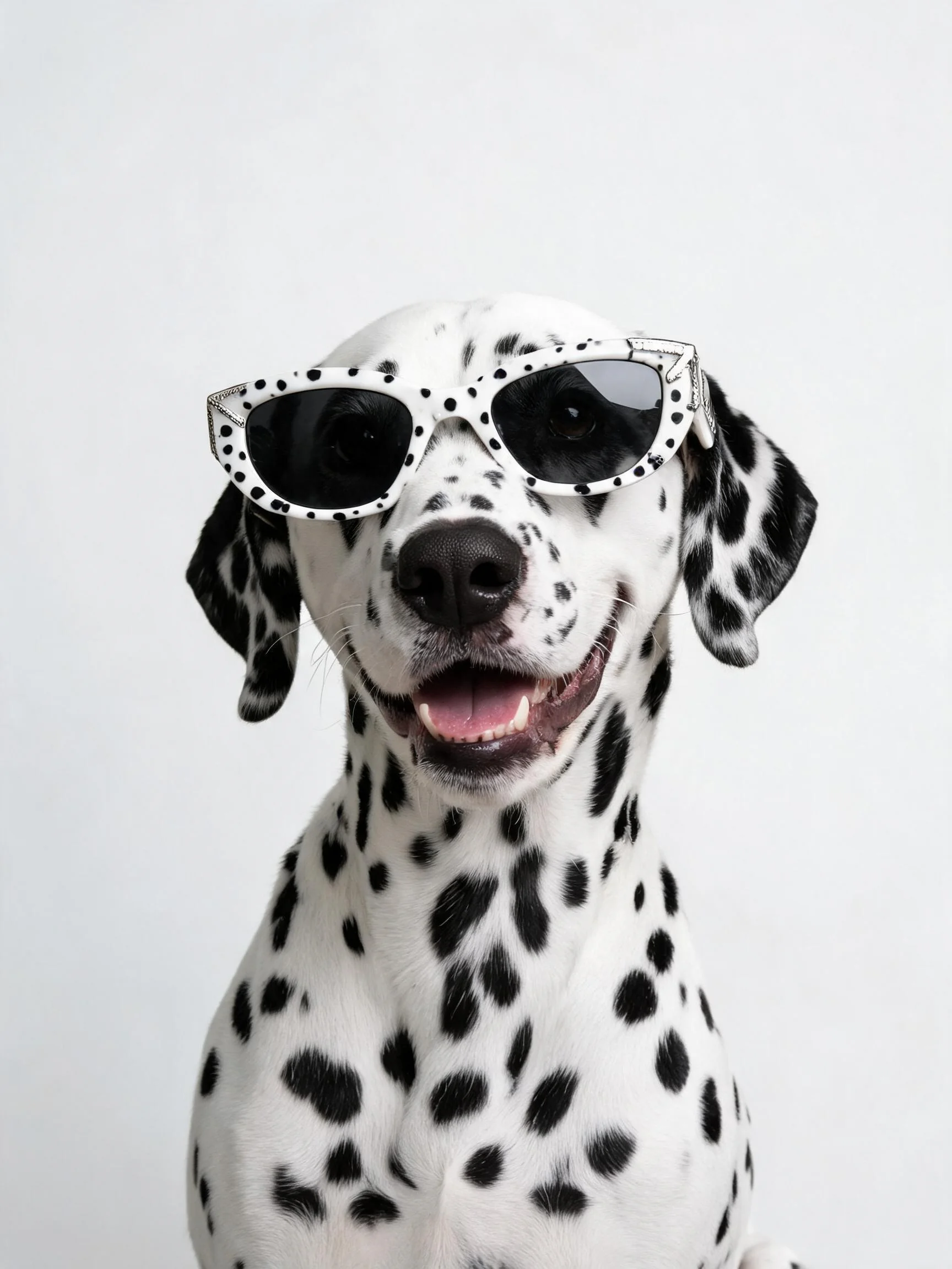 大麦町犬戴着带黑点的白色太阳镜,黑白斑点皮毛清晰可见。