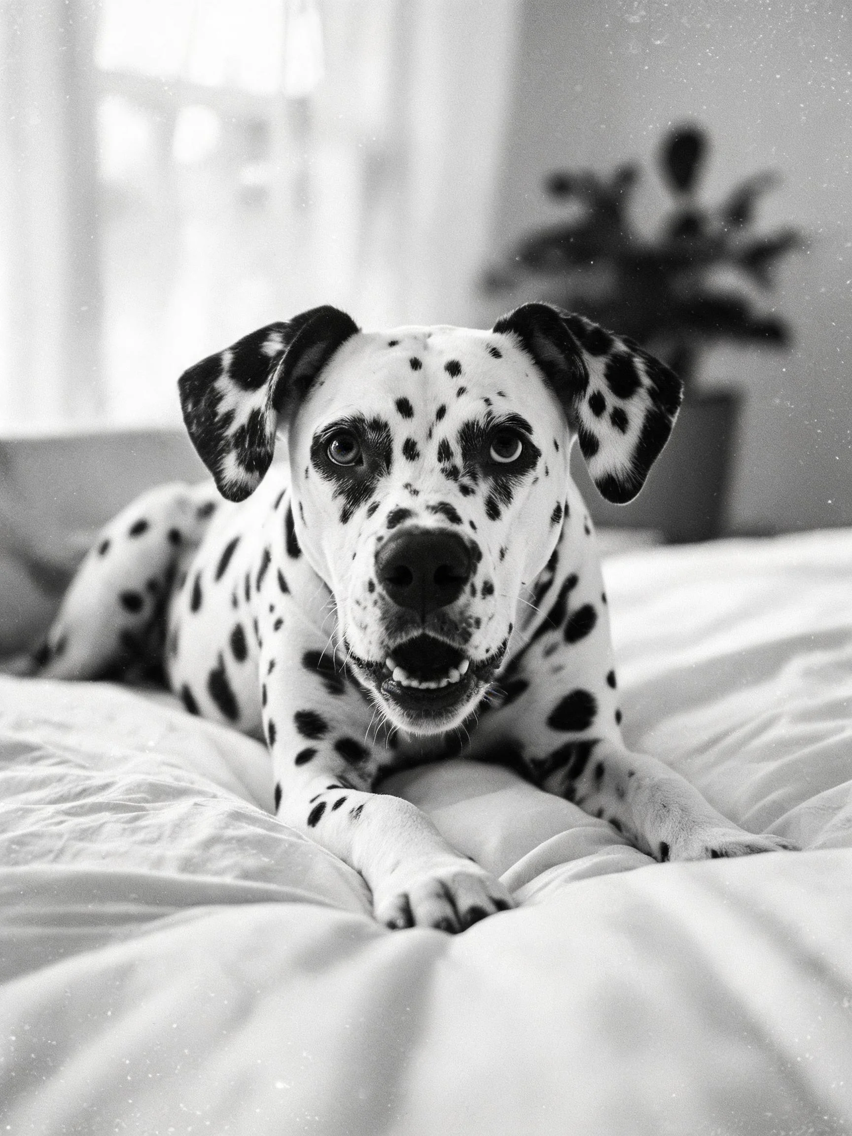 一只斑点犬趴卧在室内床上，黑白相间的皮毛清晰可见，姿态放松。