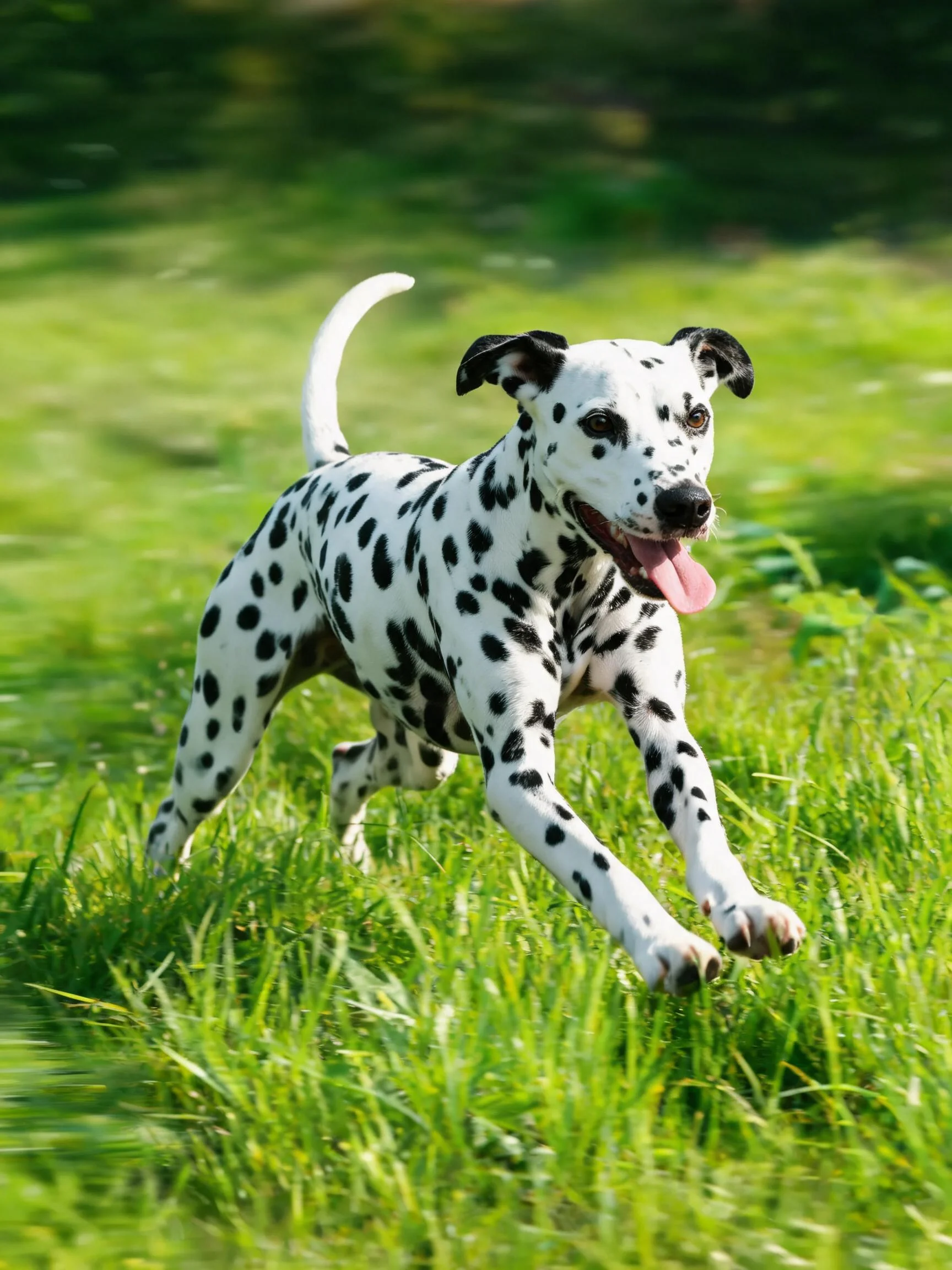达尔马提犬在绿色草地上奔跑,身上清晰的黑色斑点与白色皮毛形成鲜明对比,舌头伸出显示其活力状态。