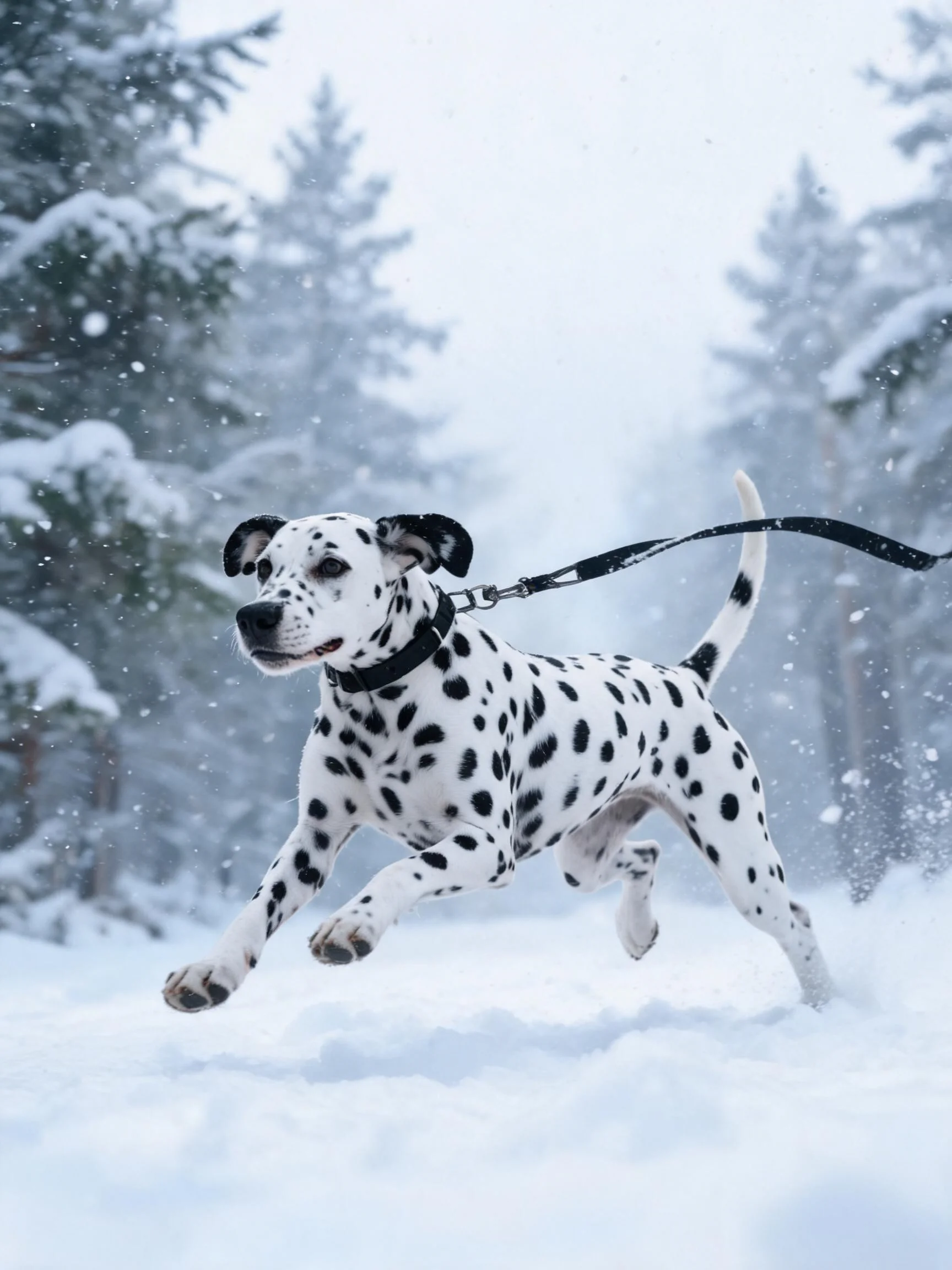 雪地中奔跑的大麦町犬,身上有清晰的黑色斑点,牵引绳处于绷紧状态。