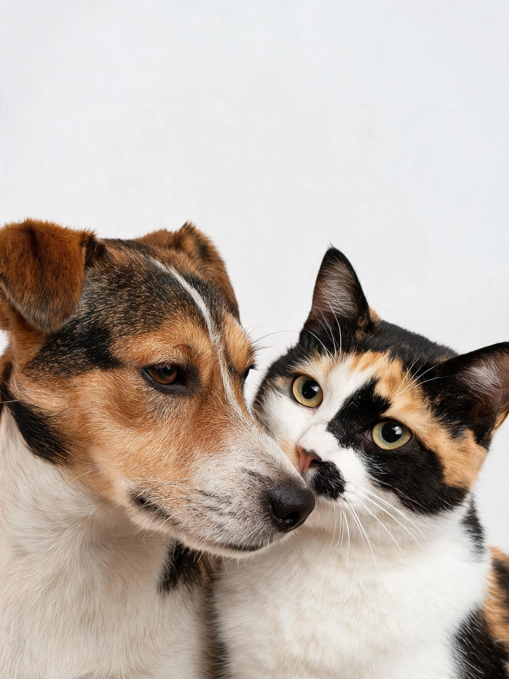 三色短毛猫与棕白相间梗犬近距离接触，猫的鼻子旁有犬的鼻尖轻触。