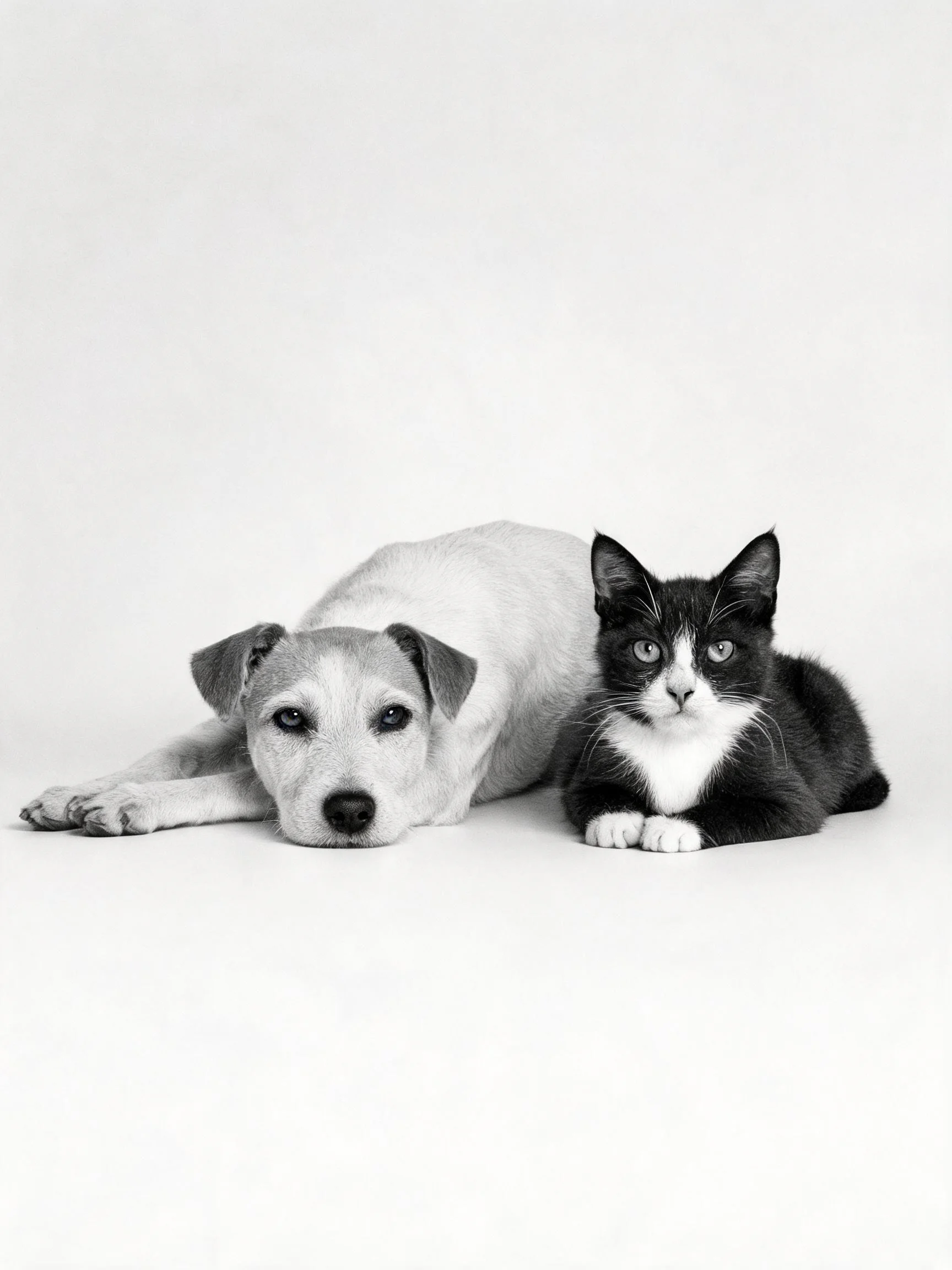 黑白边境牧羊犬与玳瑁猫并肩躺卧,浅灰皮毛与黑白毛发形成鲜明对比,眼神平静注视镜头。