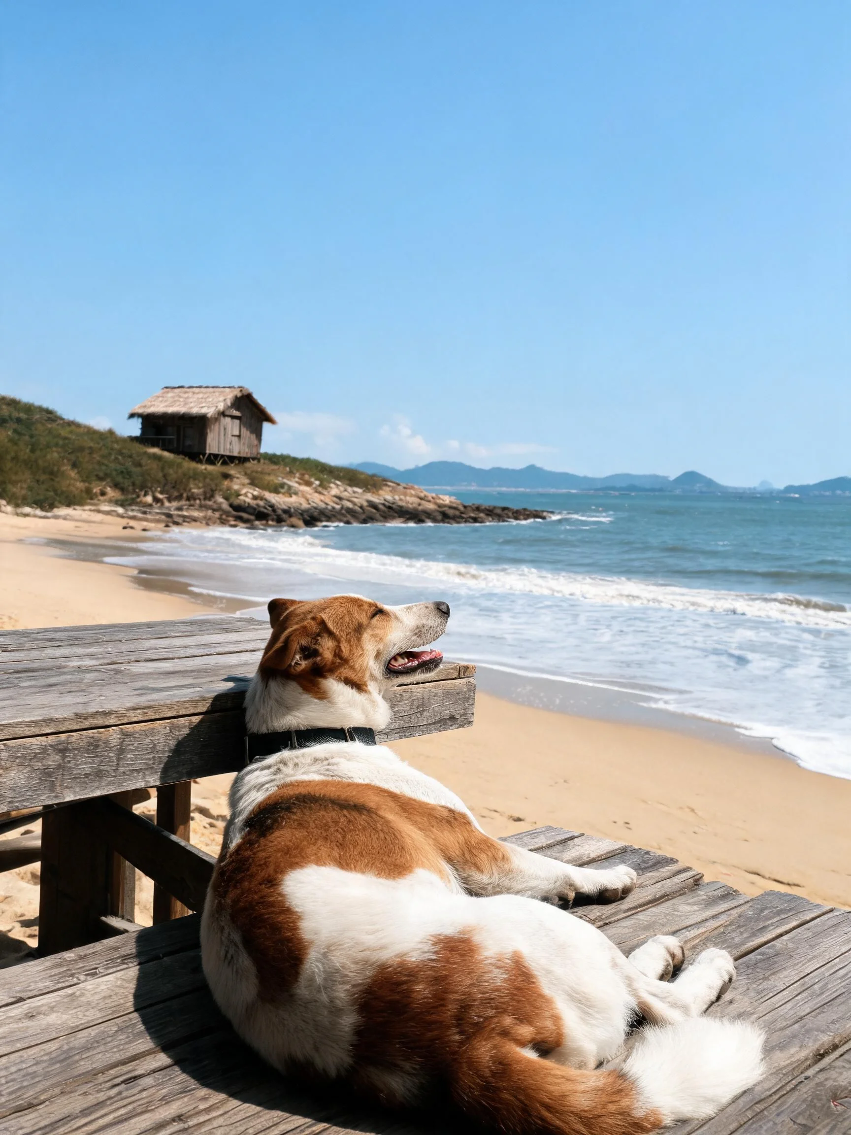 沙滩平台上，一只毛色棕白相间的混血犬正安静地趴着，嘴巴微张，皮下垂，木板平台的纹理清晰可见。