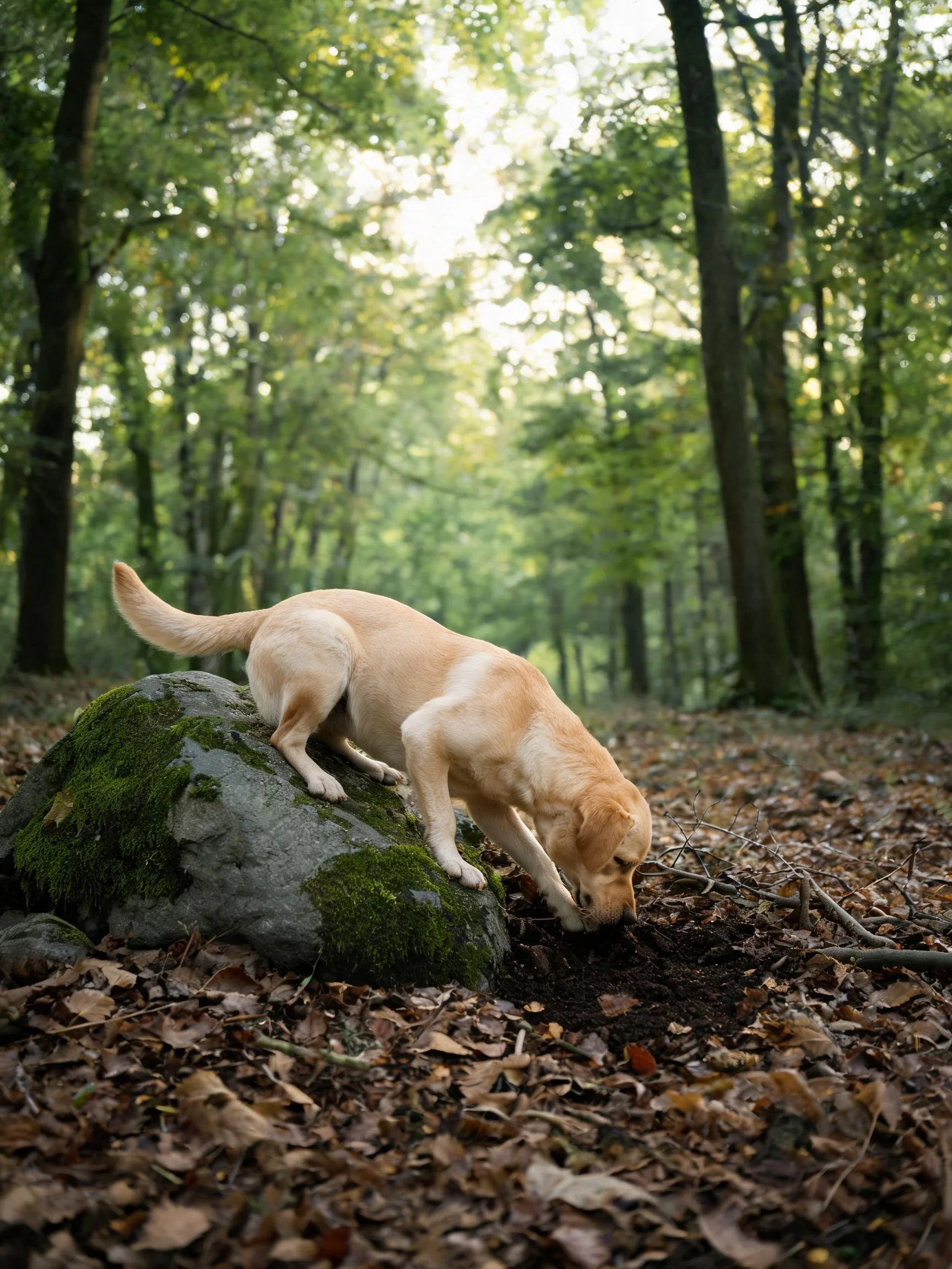 浅黄色拉布拉多猎犬低头靠近地面,鼻尖接触泥土,皮毛柔软蓬松。