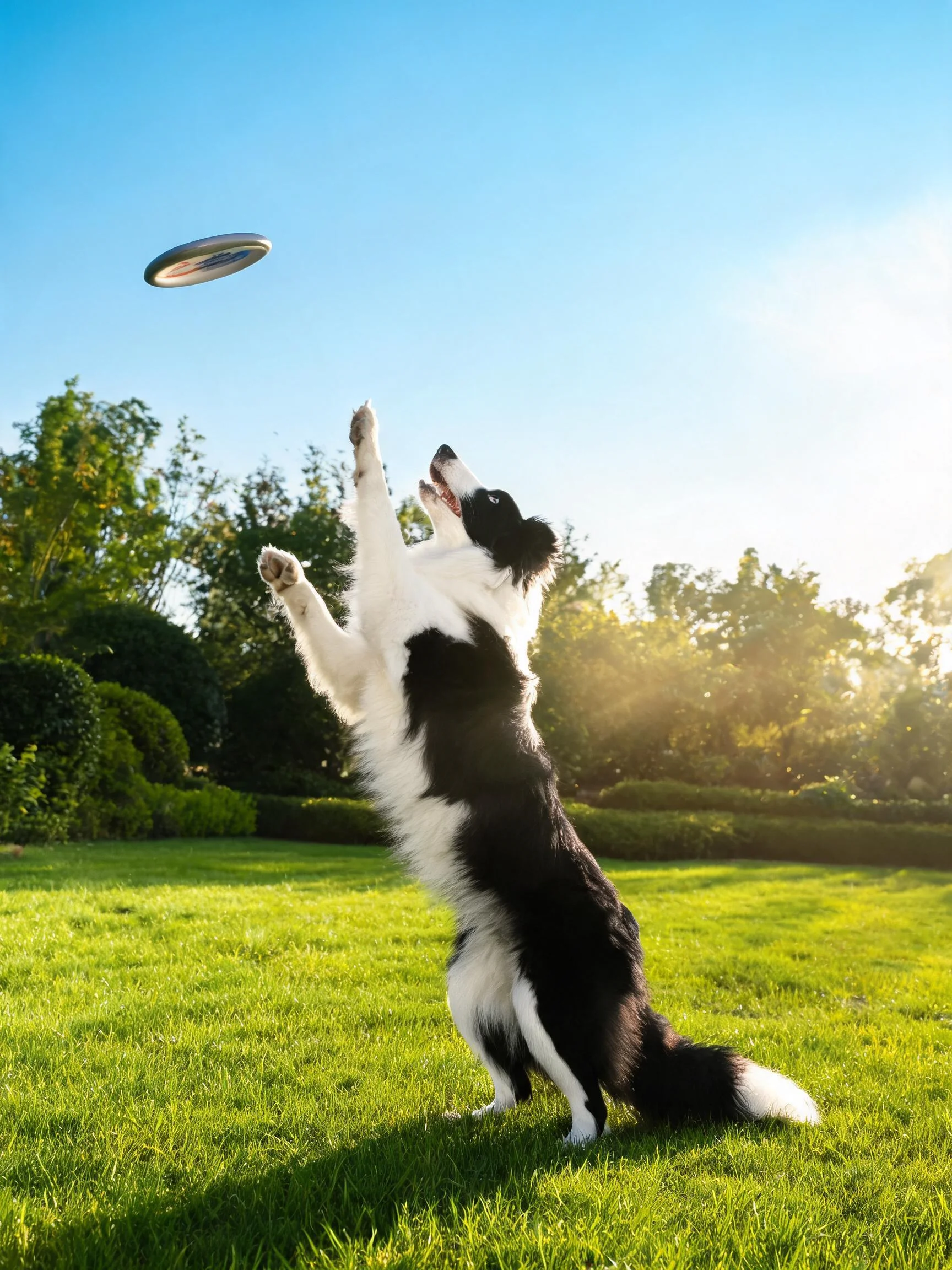 边境牧羊犬专注的眼神注视着空中的飞盘,黑白相间的毛发清晰可见。