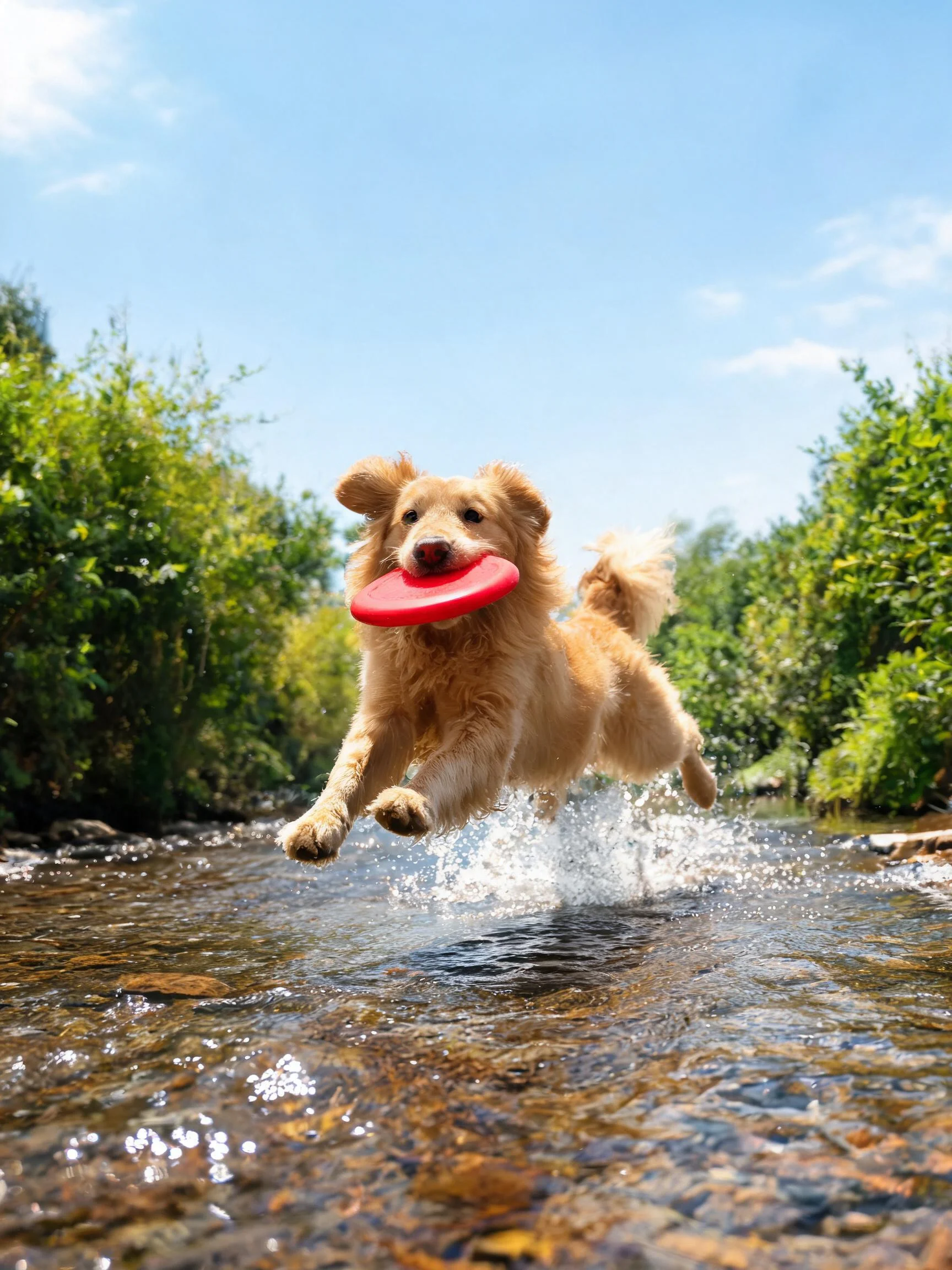 金毛寻回犬叼着红色飞盘在溪流上方跳跃,浅棕色蓬松柔软的毛发展现出活泼的姿态。