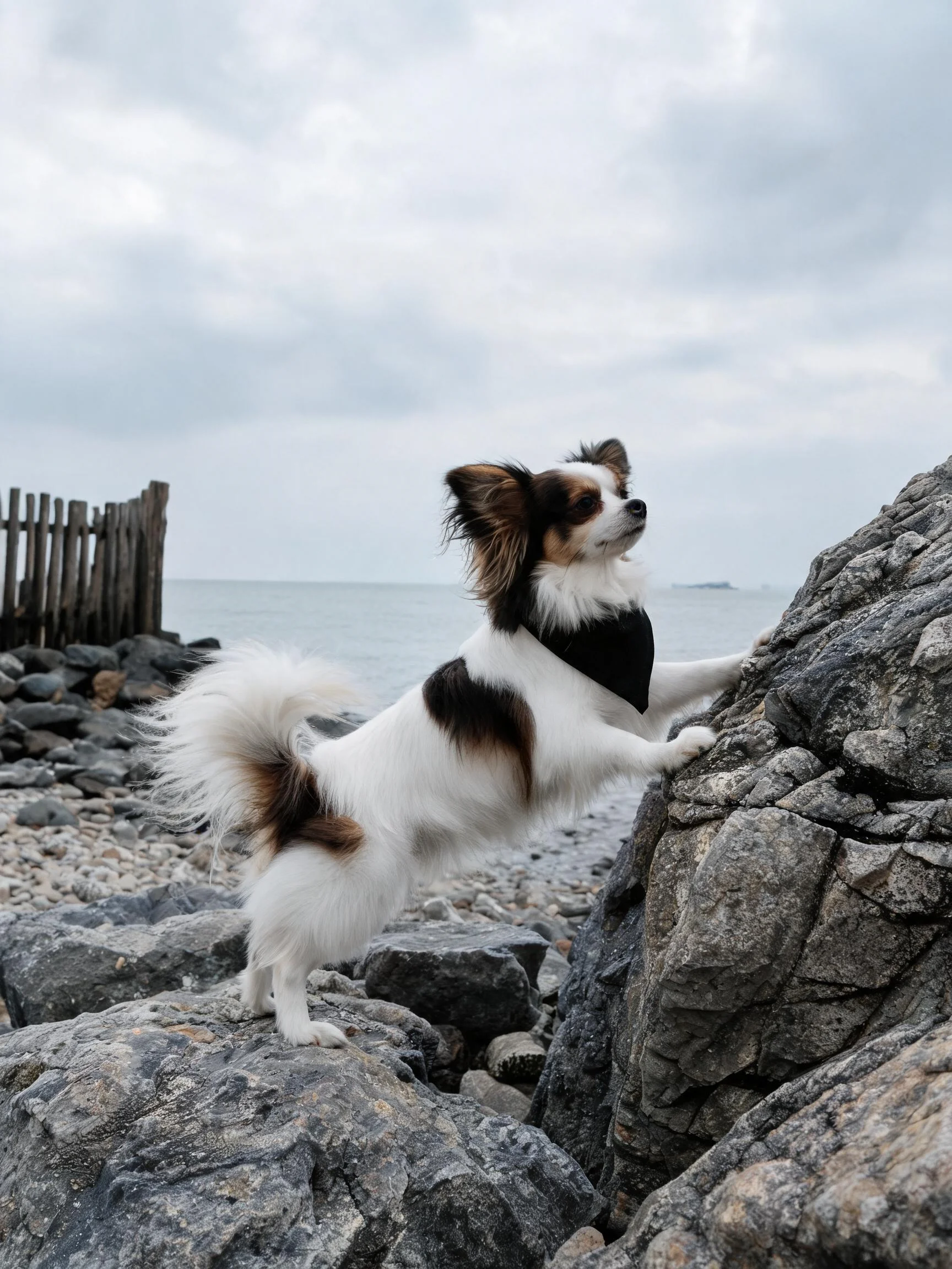 一只蝴蝶犬正在岩石上，前爪攀附岩石，白色带棕色斑纹的被毛清晰可见。