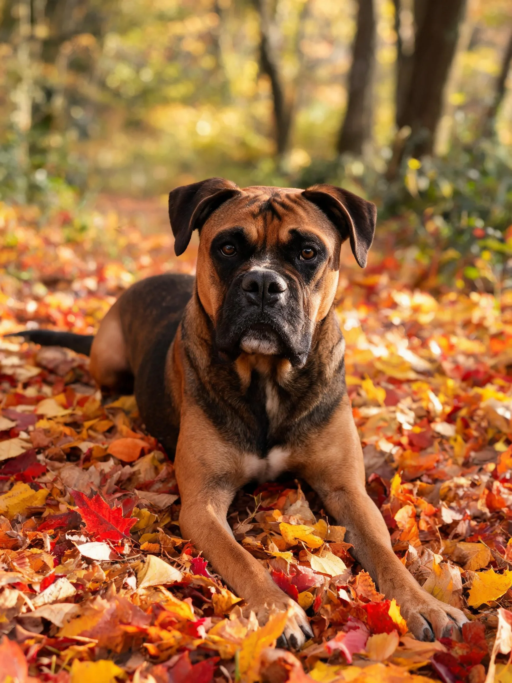 拳师犬毛发短而光滑,正安静趴在色彩丰富的秋叶上,展现出秋季森林的美丽景象。