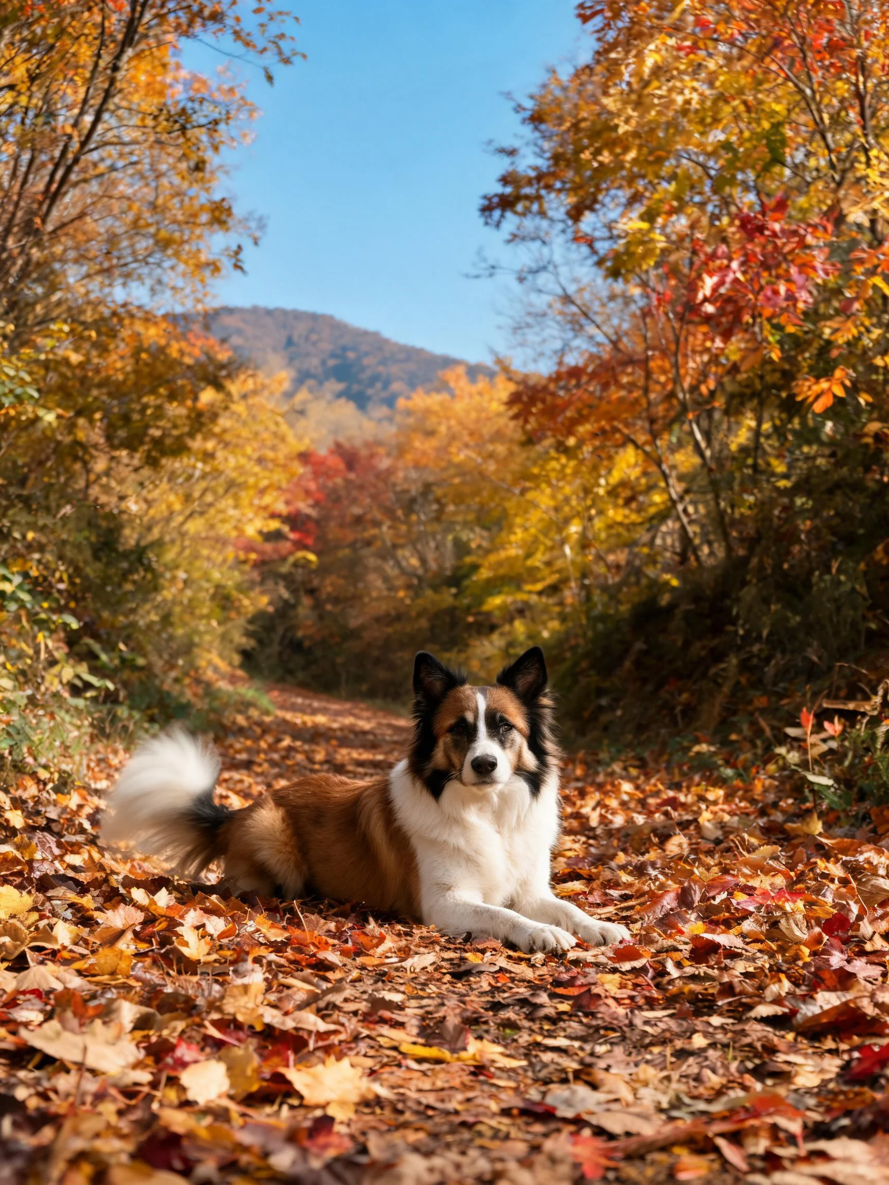 棕白相间的混血犬趴在满是彩色落叶的小径上,白色胸部和棕色背部毛发清晰可见。