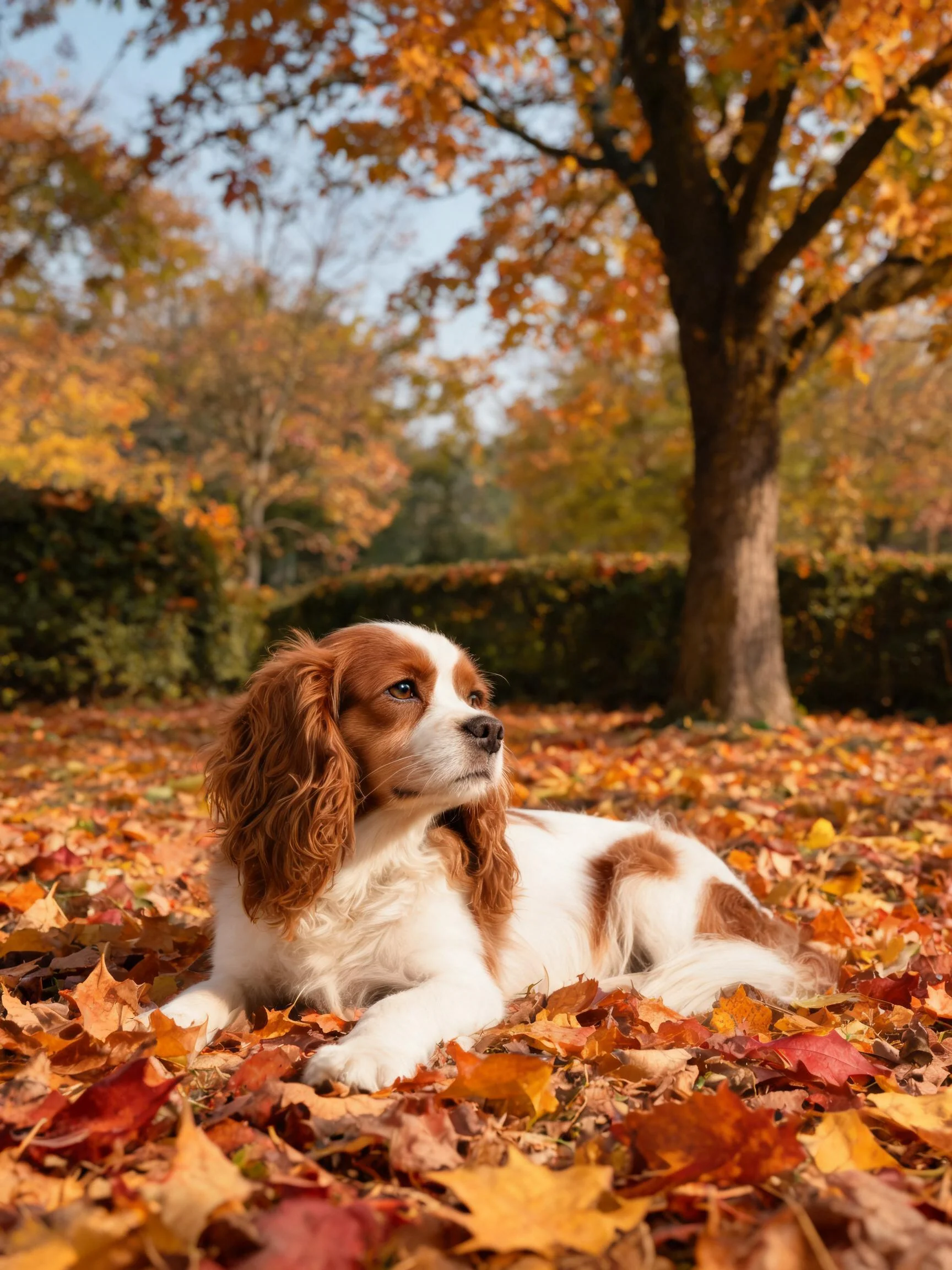 一只查理王小猎犬趴在满是彩色秋叶的地面上,白棕相间的毛发清晰可见。