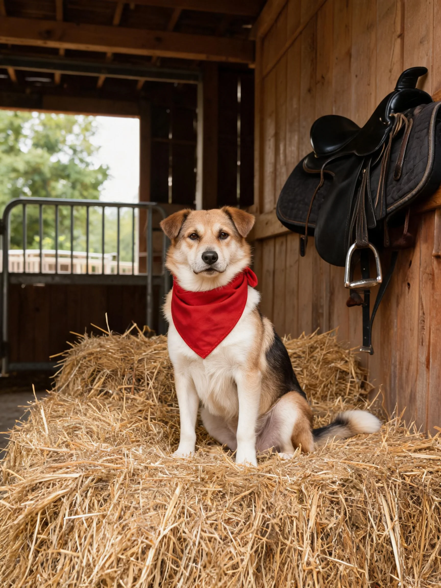 混血犬安静地坐在稻草上,脖颈处系着红色围巾,周围是马厩环境和马鞍。