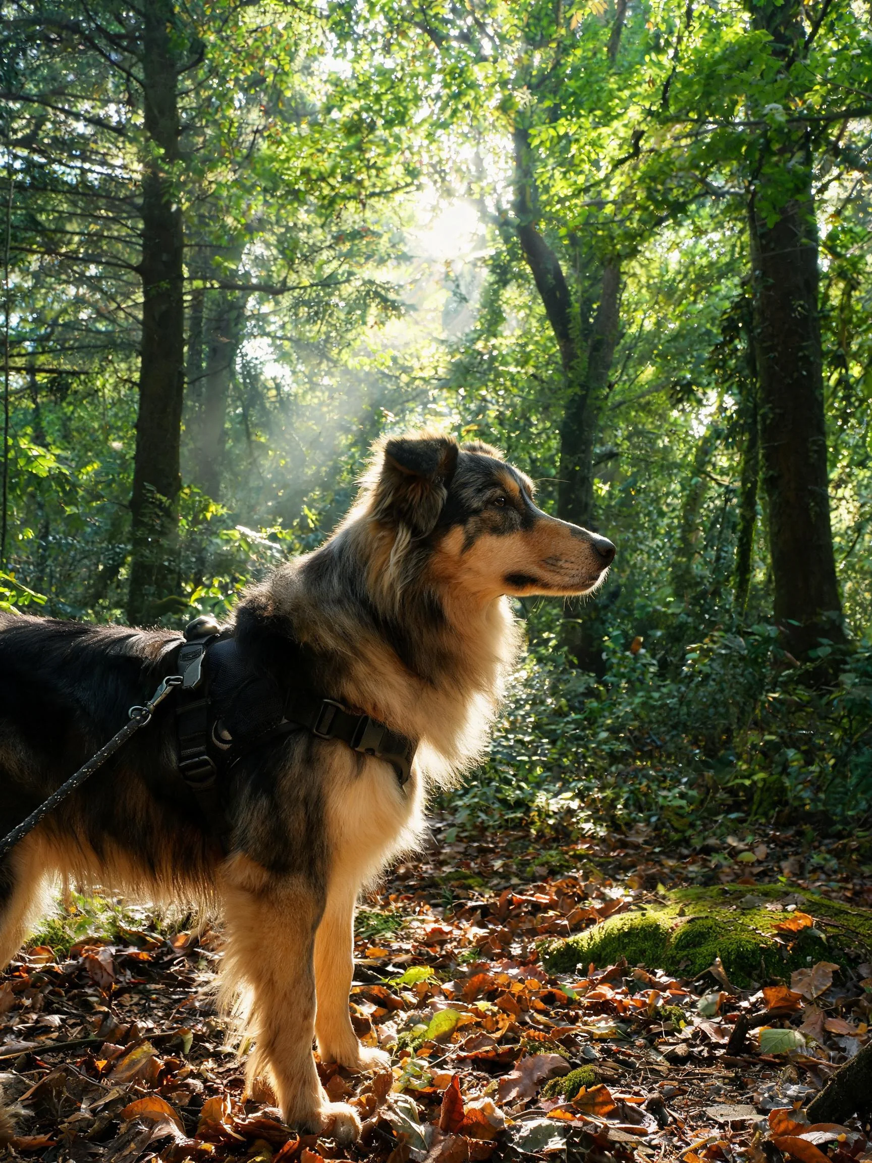 一只边境牧羊犬站在森林步道上,它黑色的背带清晰可见,毛发蓬松且有层次感。