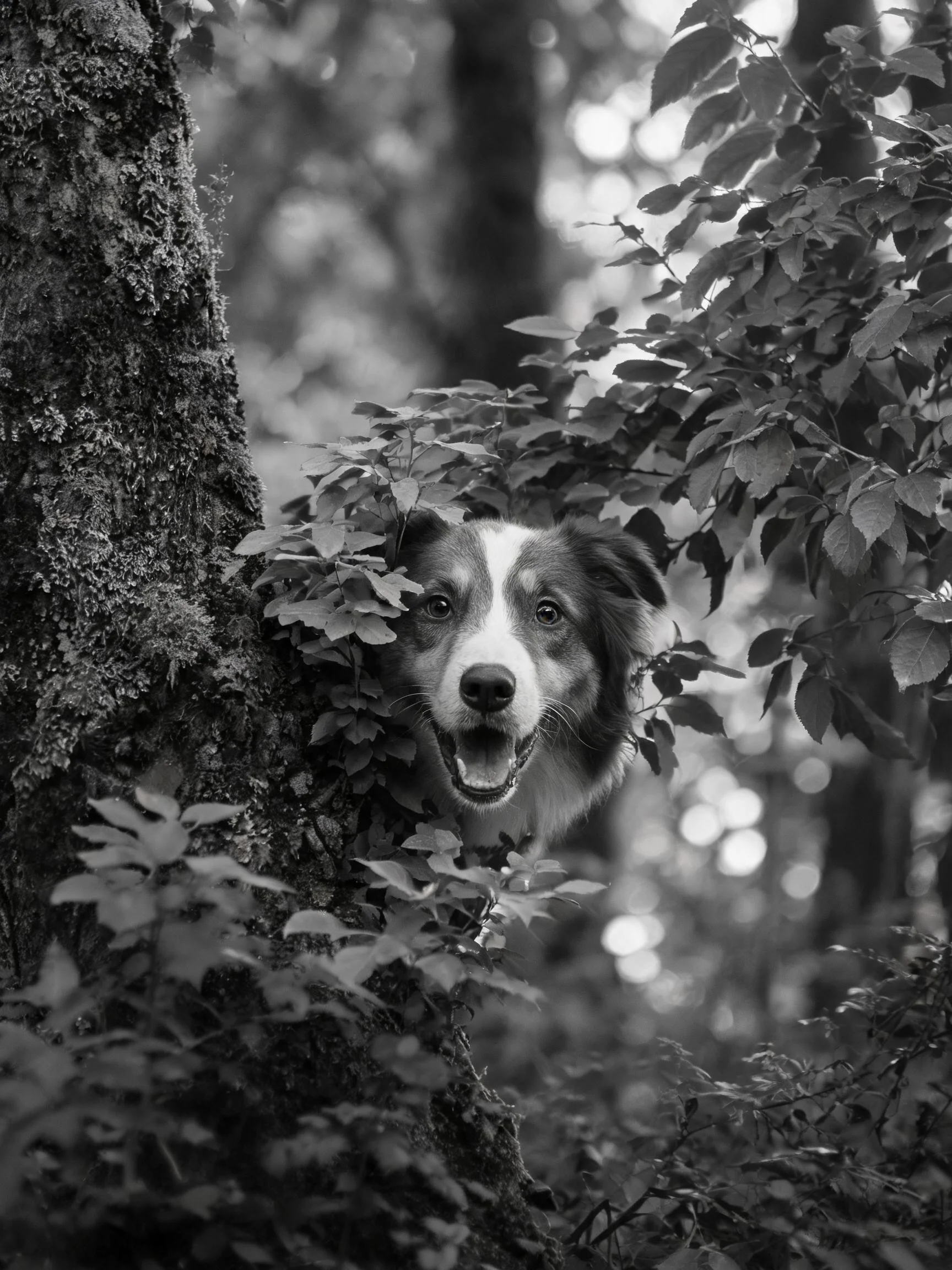 边境牧羊犬从树叶间探出头,黑白相间的毛发清晰可见,周围是茂密的森林植被。