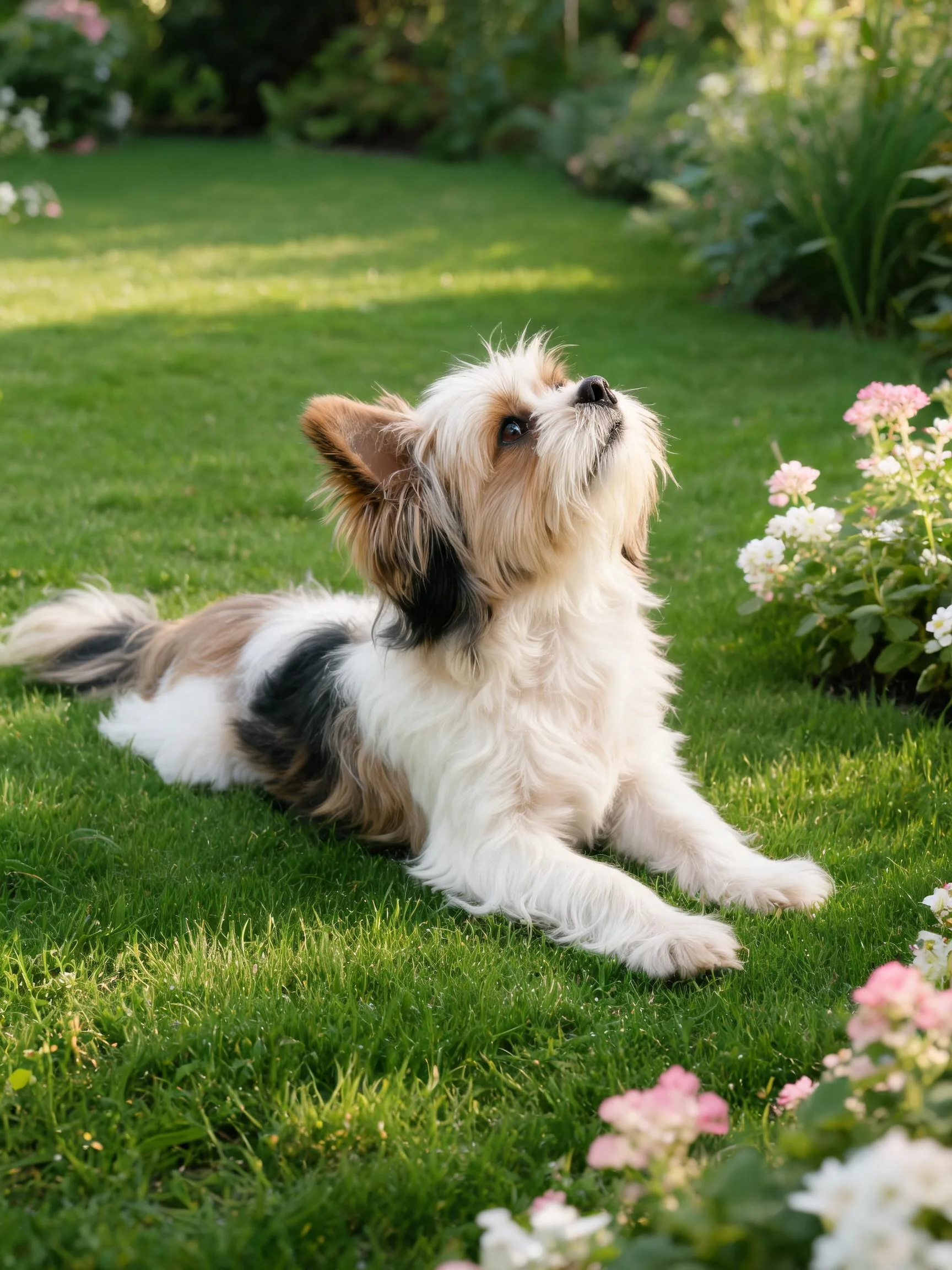 小型贵宾混种犬趴在绿色草坪上，白色毛发带有棕色和黑色斑块，正抬头张望。