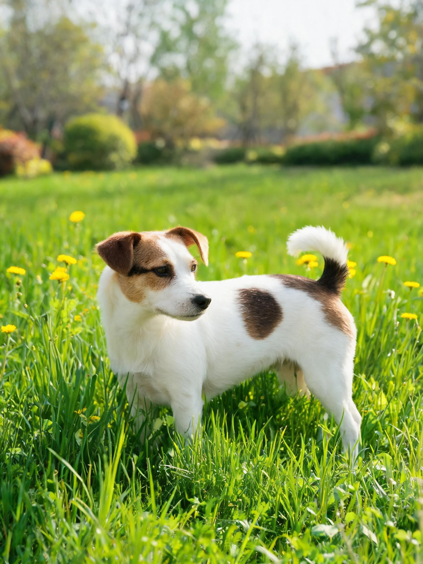 杰克罗素梗犬白棕相间的毛发在阳光下显得柔软有光泽。