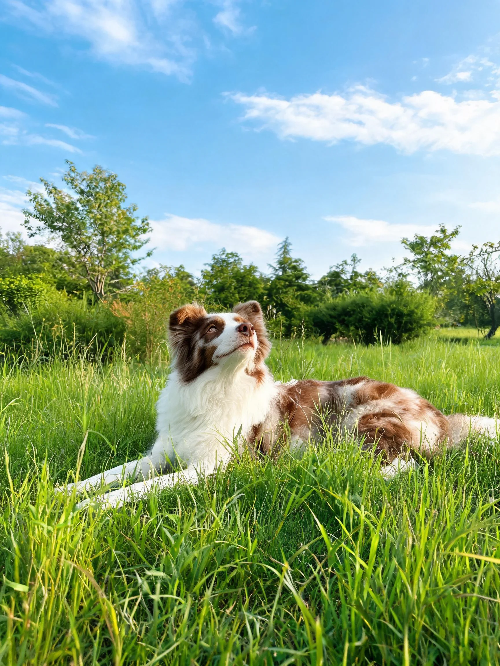 一只红白相间的边境牧羊犬安静地躺卧在绿色高地上,毛发呈现出清晰的红色与白色斑纹分布。