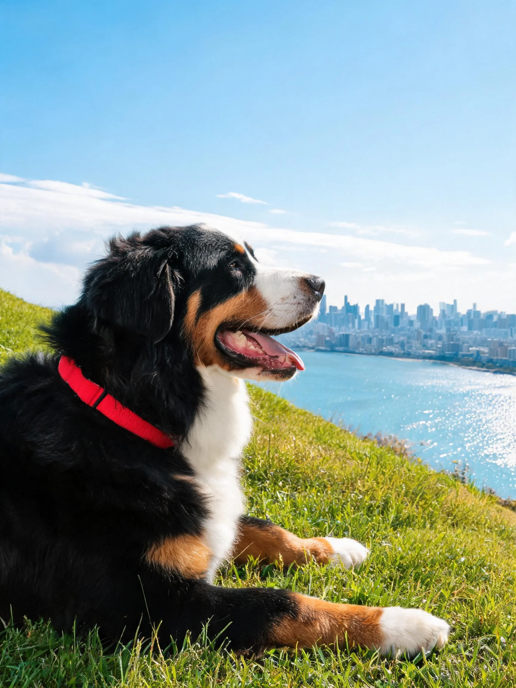 伯恩山犬趴卧在草地上,三色毛发与红色项圈清晰可见,背景是城市景观与水域。