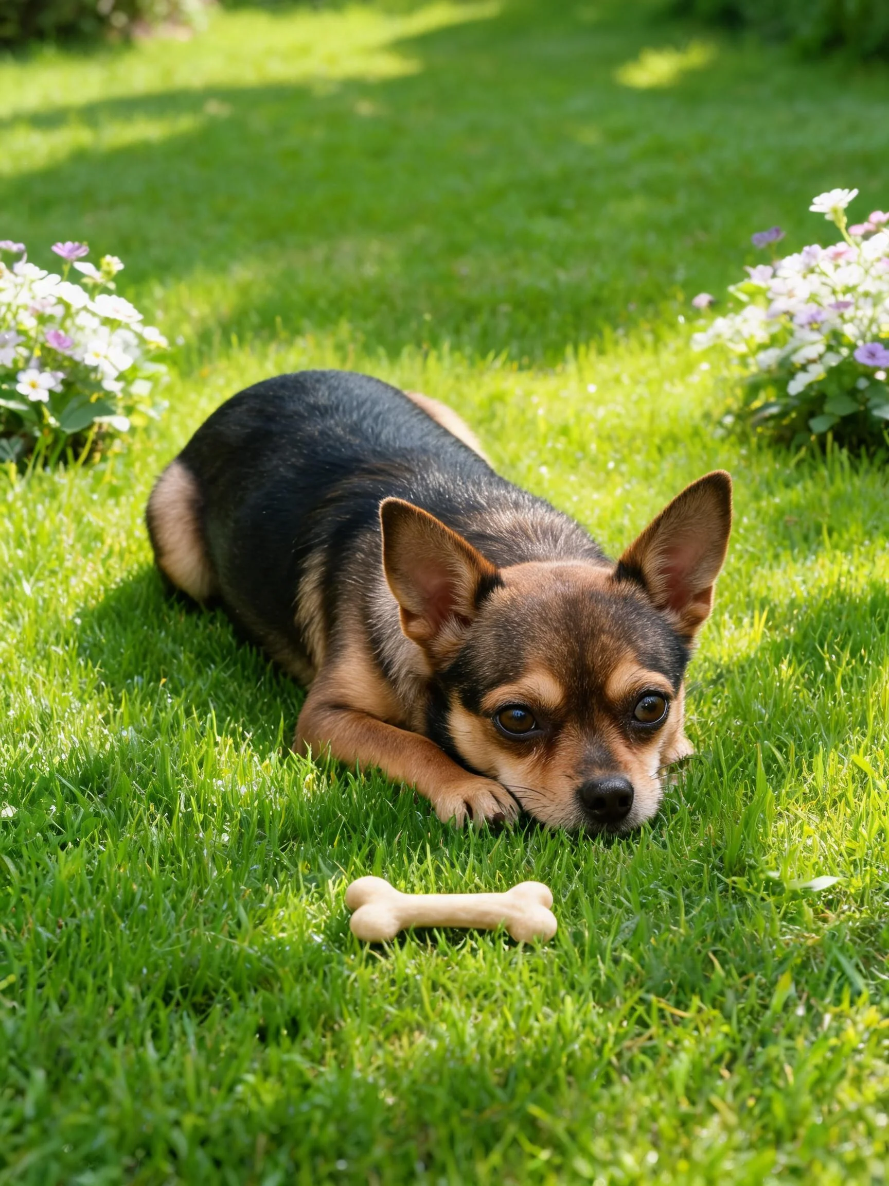 吉娃娃犬趴在草地上,身旁有骨形玩具,耳朵竖立,毛发清晰可见。