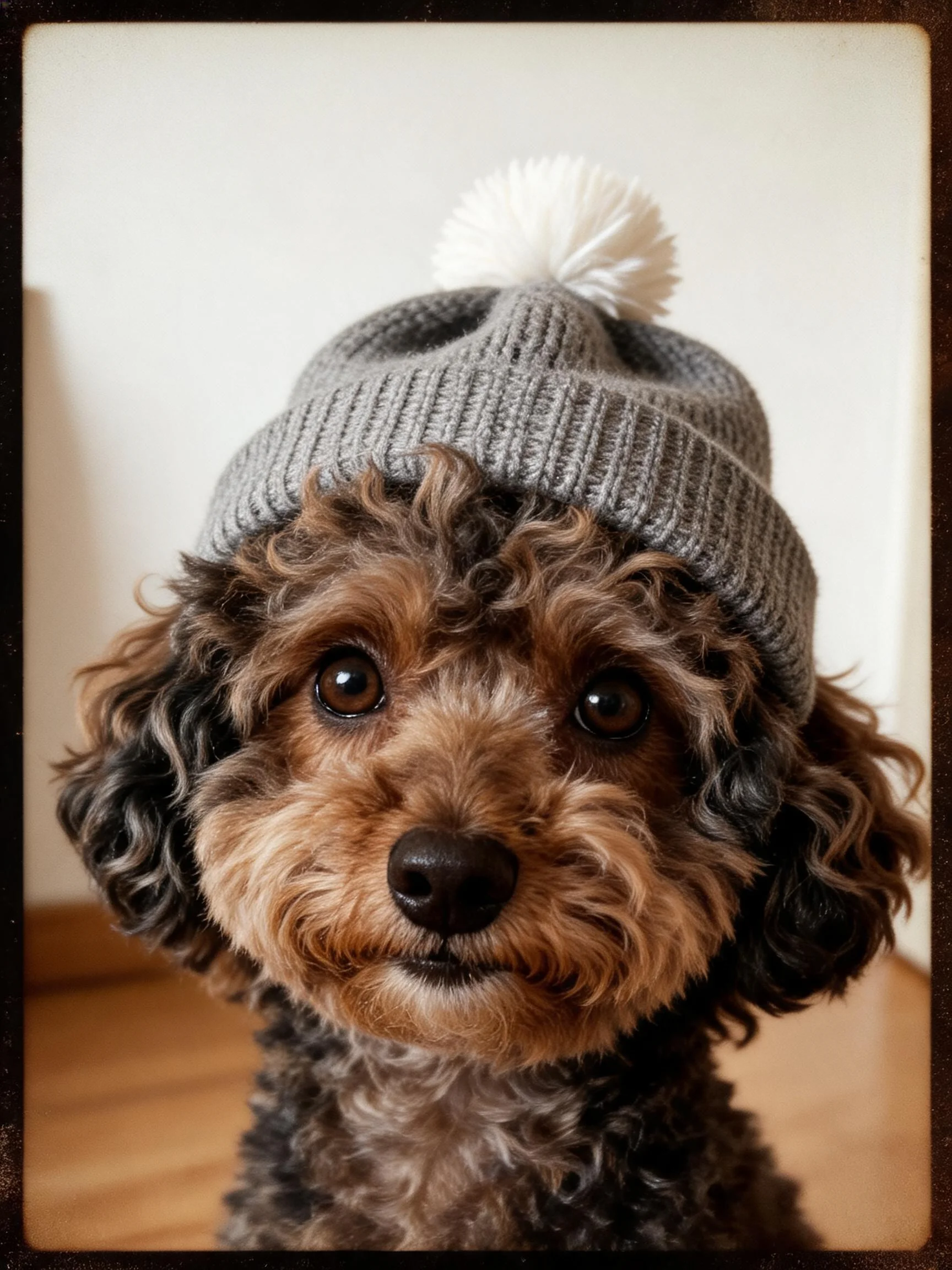 卷毛小型贵宾犬戴着灰色针织帽,白色绒球点缀其上,棕黑色卷曲毛发清晰可见。