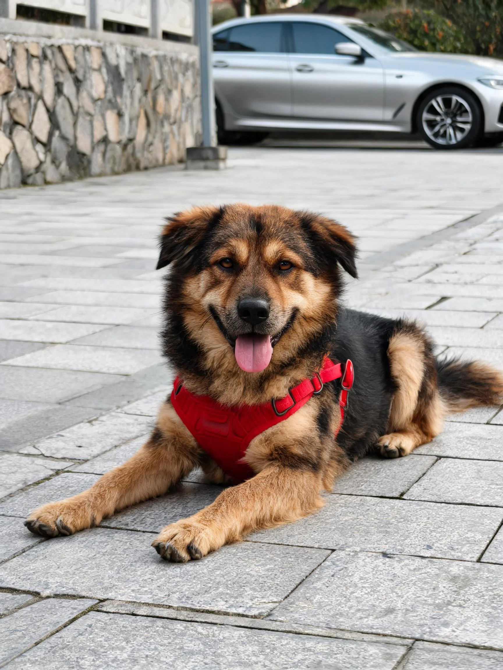 一只黑棕相间的混血牧羊犬趴卧在石板路上，红色胸背带清晰可见。