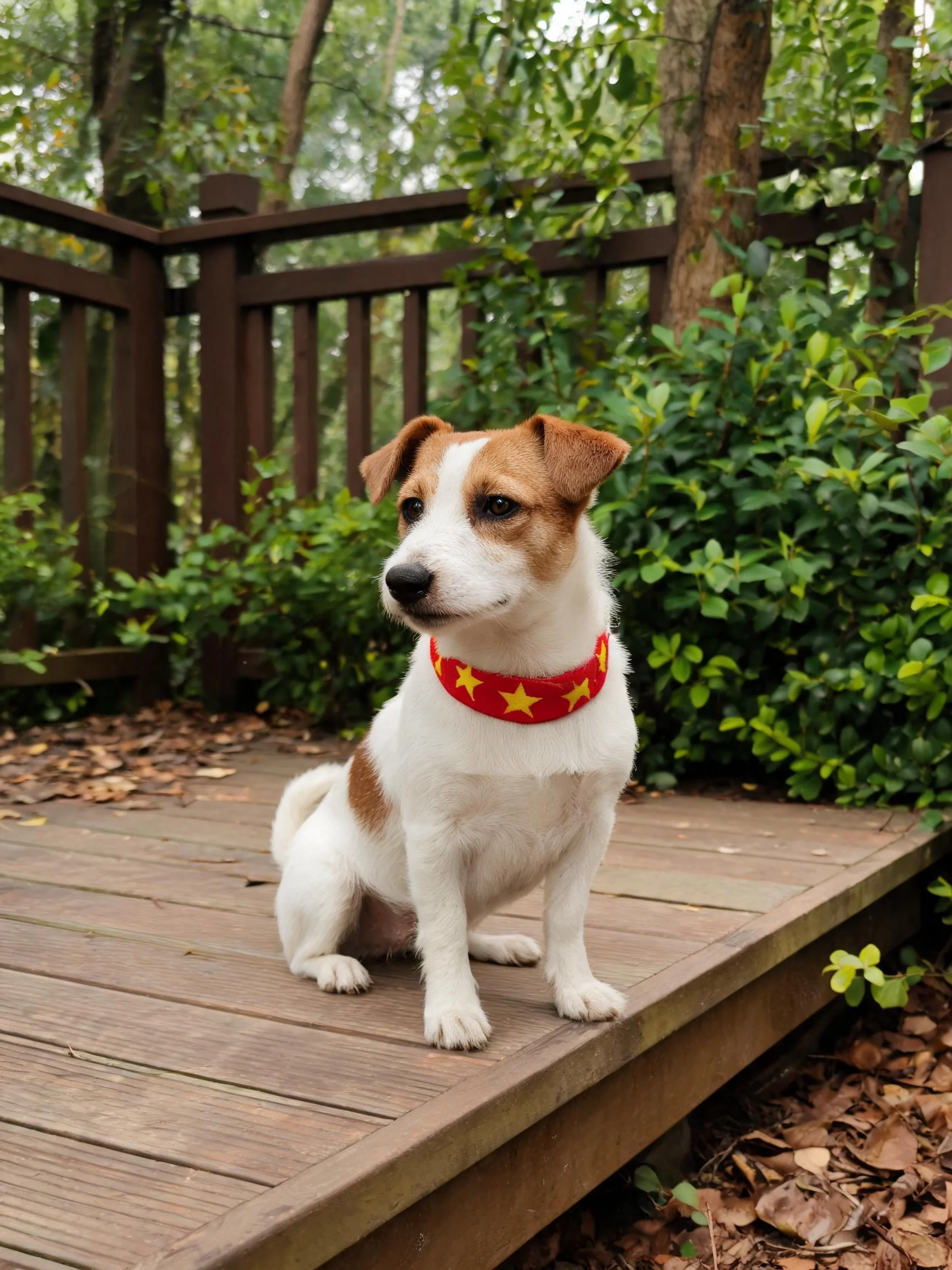 一只杰克罗素梗犬安静坐在木质平台上,白色和棕色毛发清晰可见。