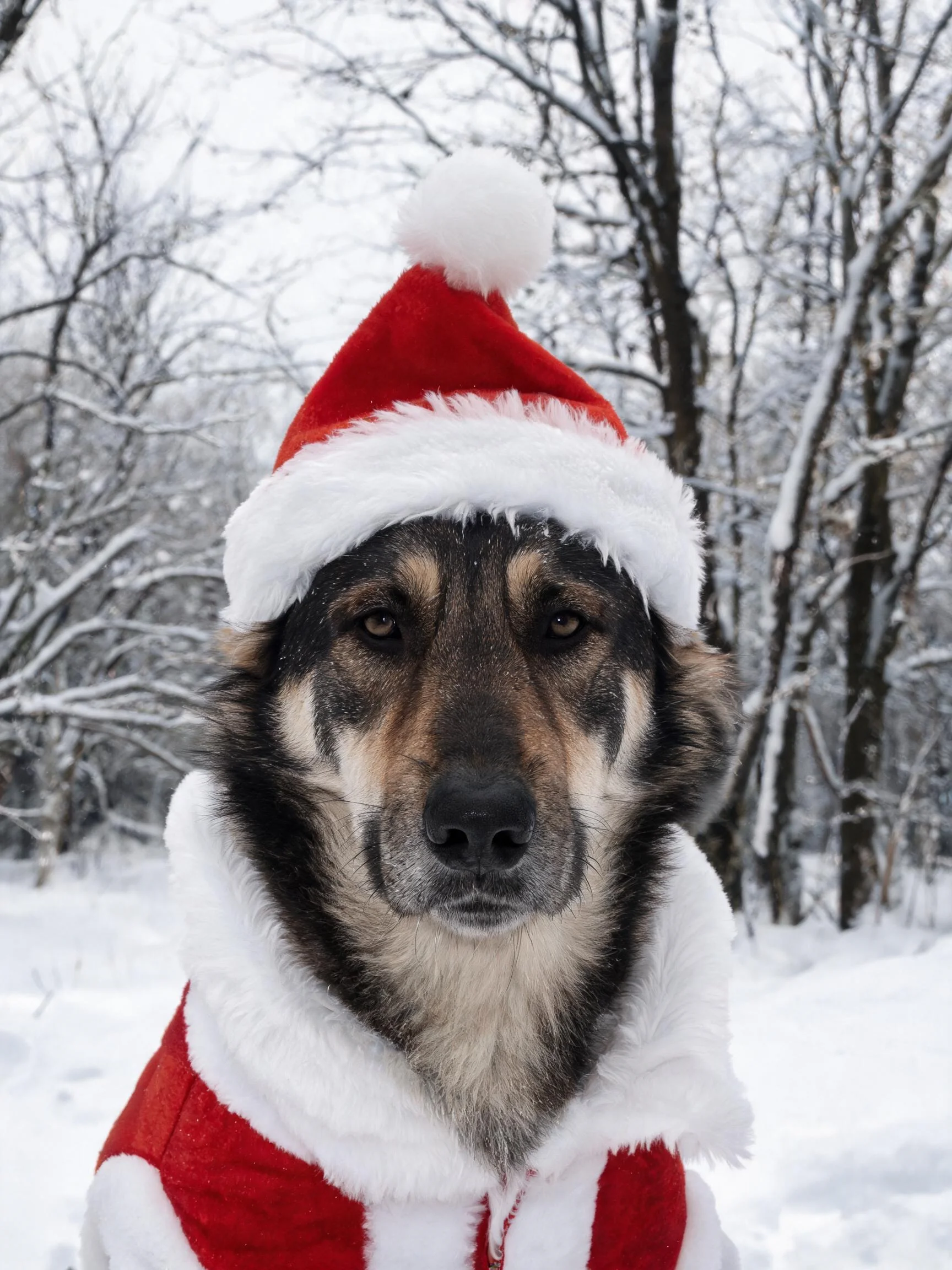 戴着红白圣诞帽的德国牧羊犬正站在雪地中，眼神平静注视前方。