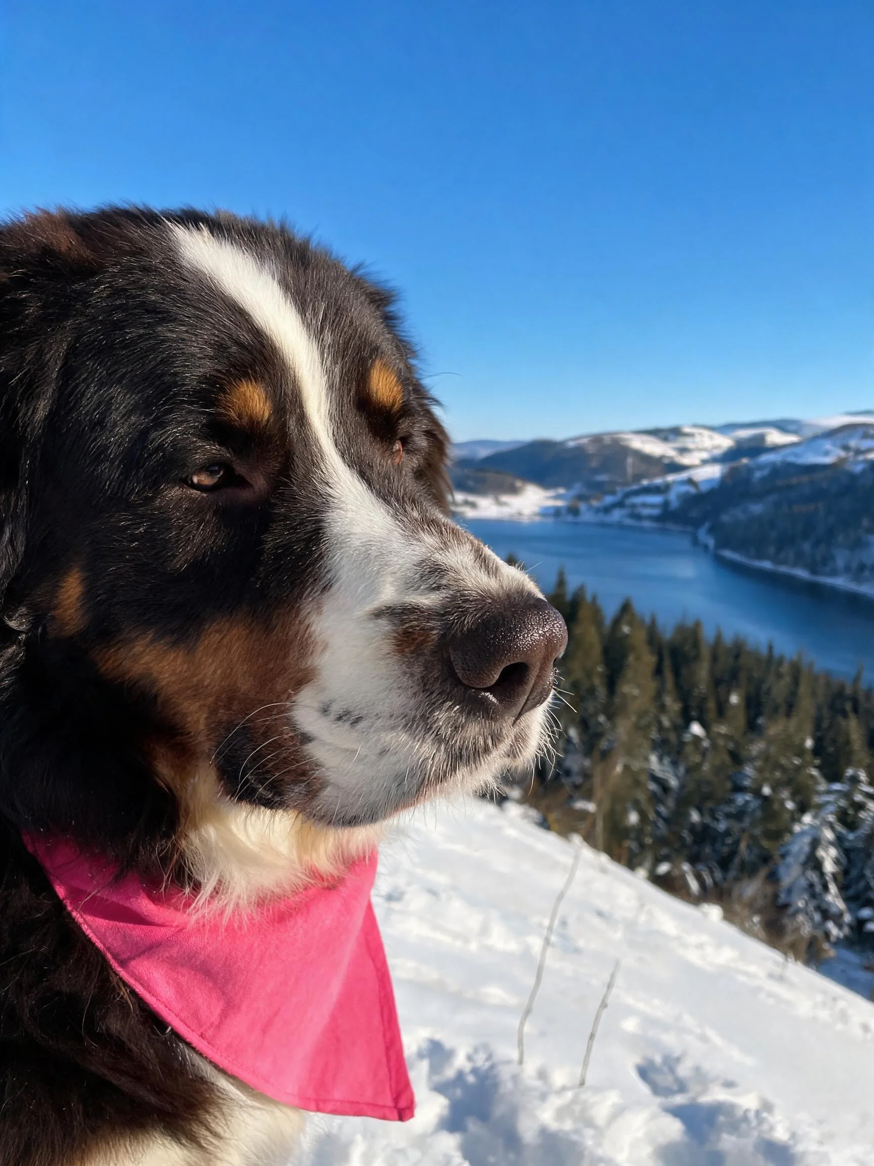 伯恩山犬有着黑色、白色与棕色相间的毛发,脖颈处系着粉色布巾,在雪地风光背景下安静凝视。