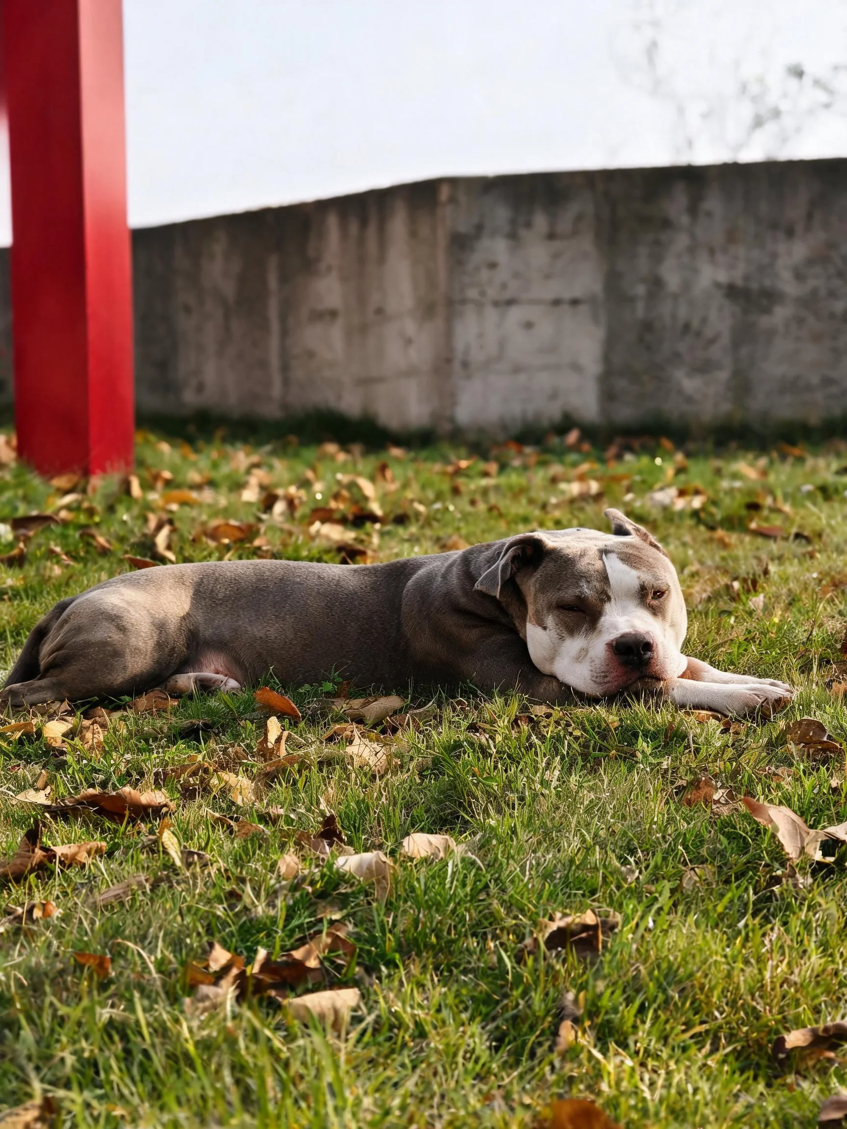 一只美国比特犬幼犬有着灰白色被毛,正将身体舒展地趴在散落着枯叶的草地上休息。