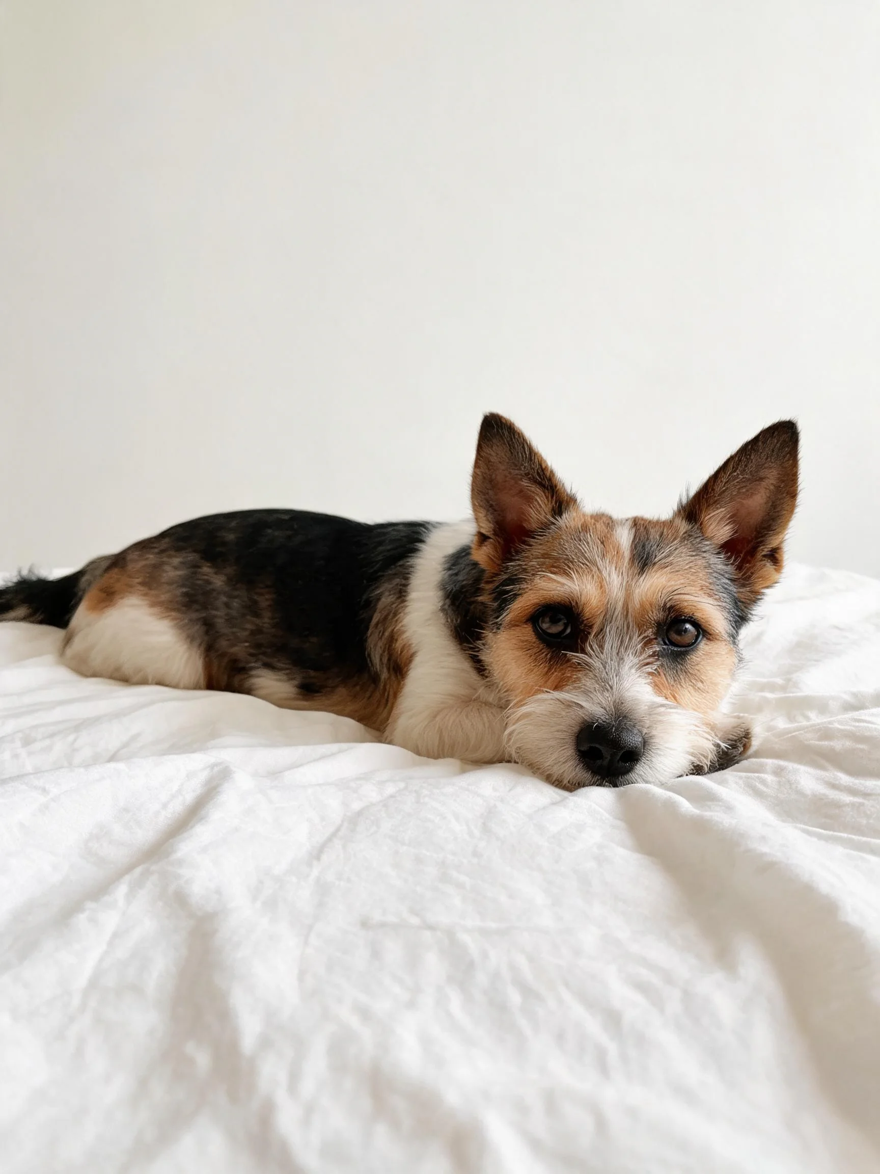 一只三色小型混血猎犬将前爪轻放床面,耳朵竖立,眼神温和。