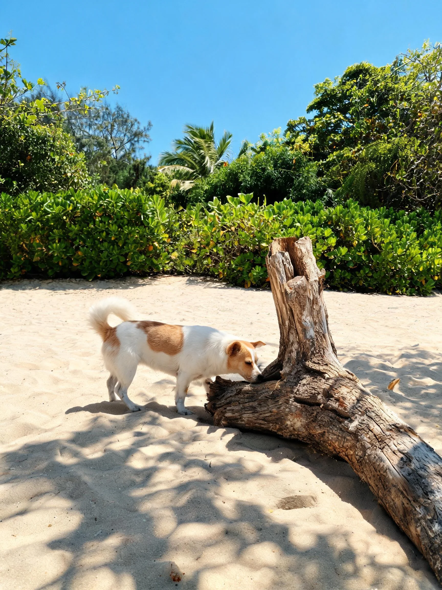 一只身披白棕相间被毛的小型混种犬正靠近沙滩上一截表面粗糙的枯木进行嗅探。
