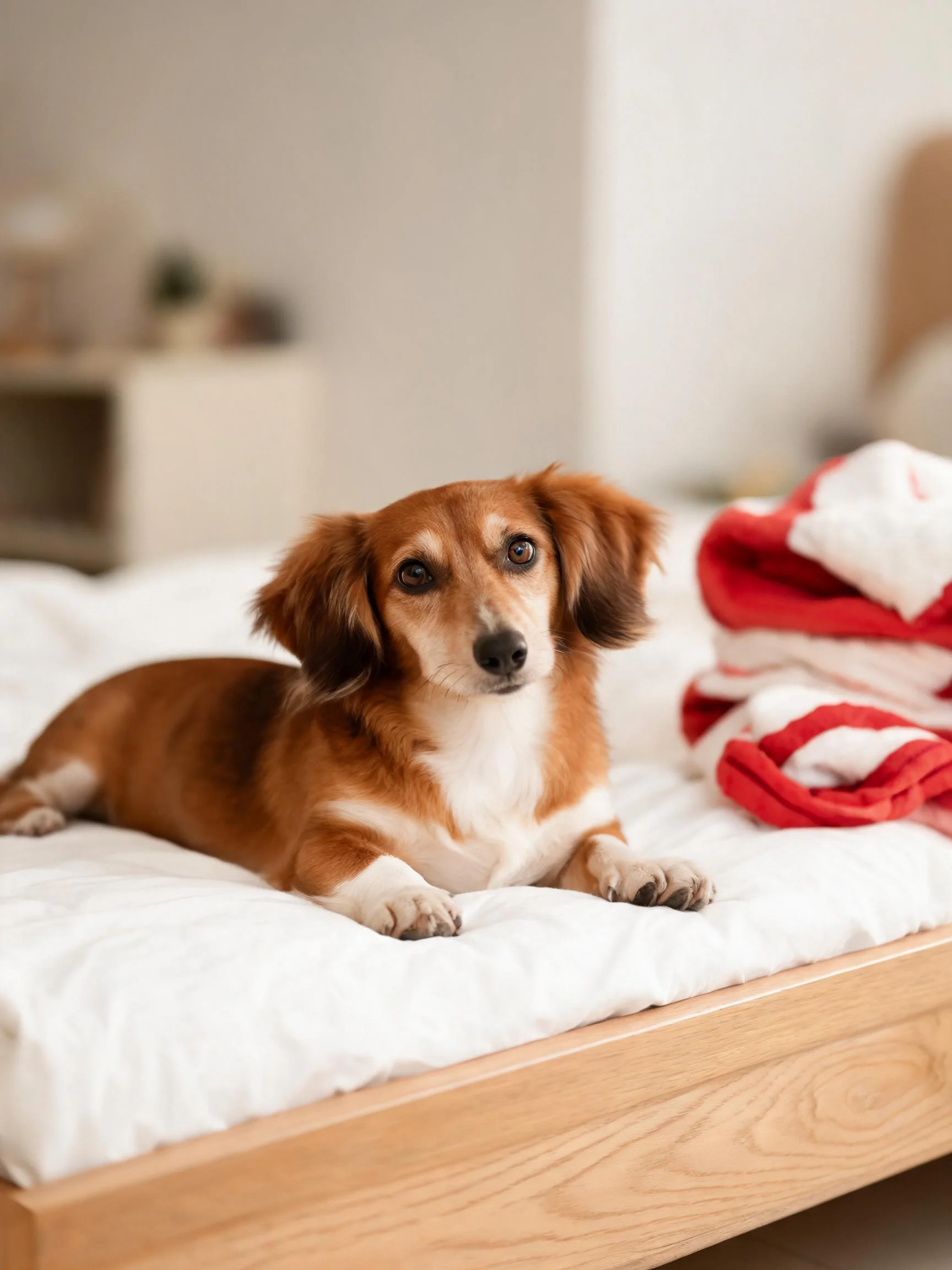 一只长毛腊肠混种犬趴在白色床面上,它有着红棕色带白色斑纹的被毛,身旁是红白相间的毛巾。