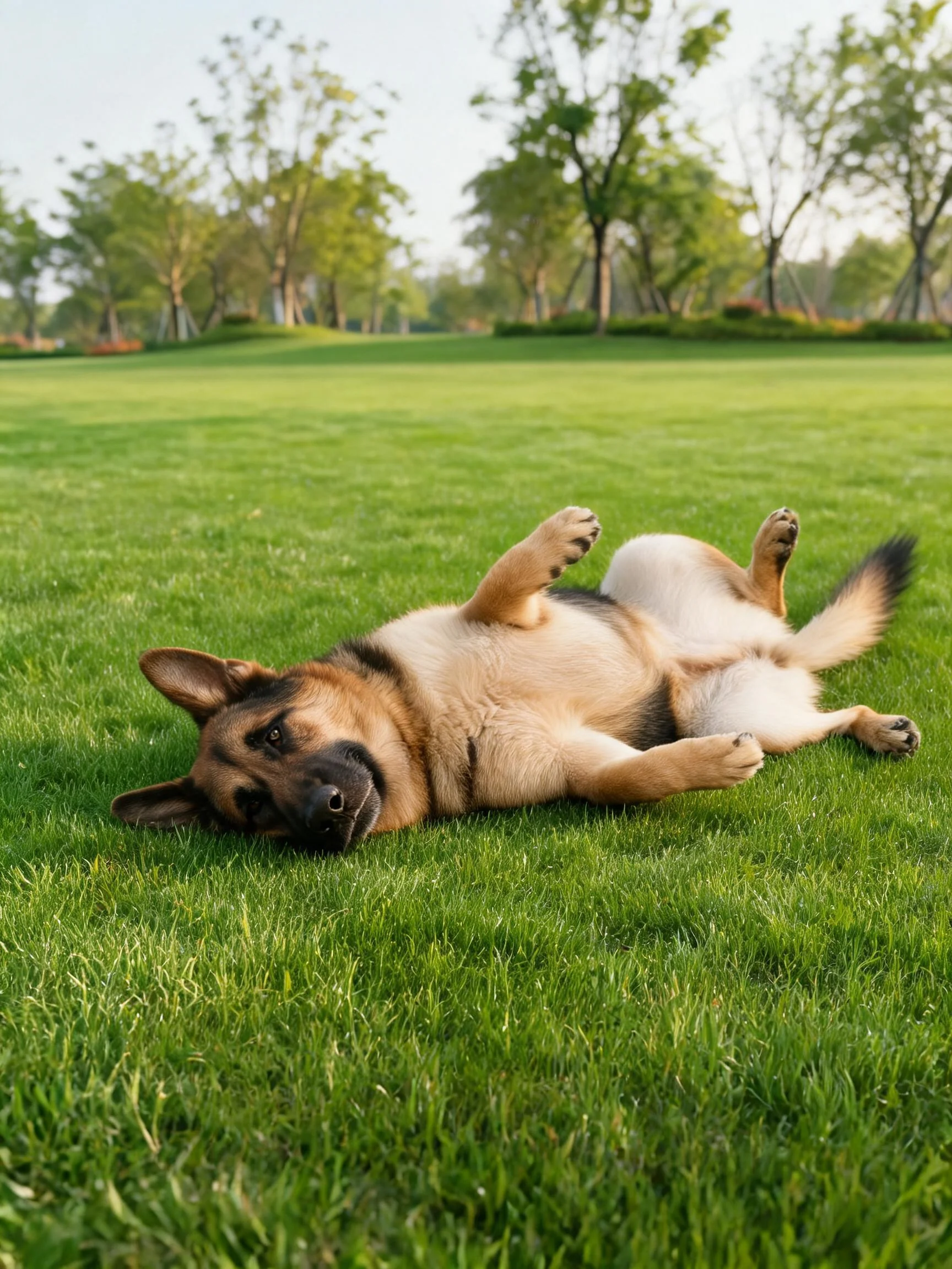 德国牧羊犬仰卧在绿色草坪上,浅棕色与黑色相间的毛发短而顺滑。