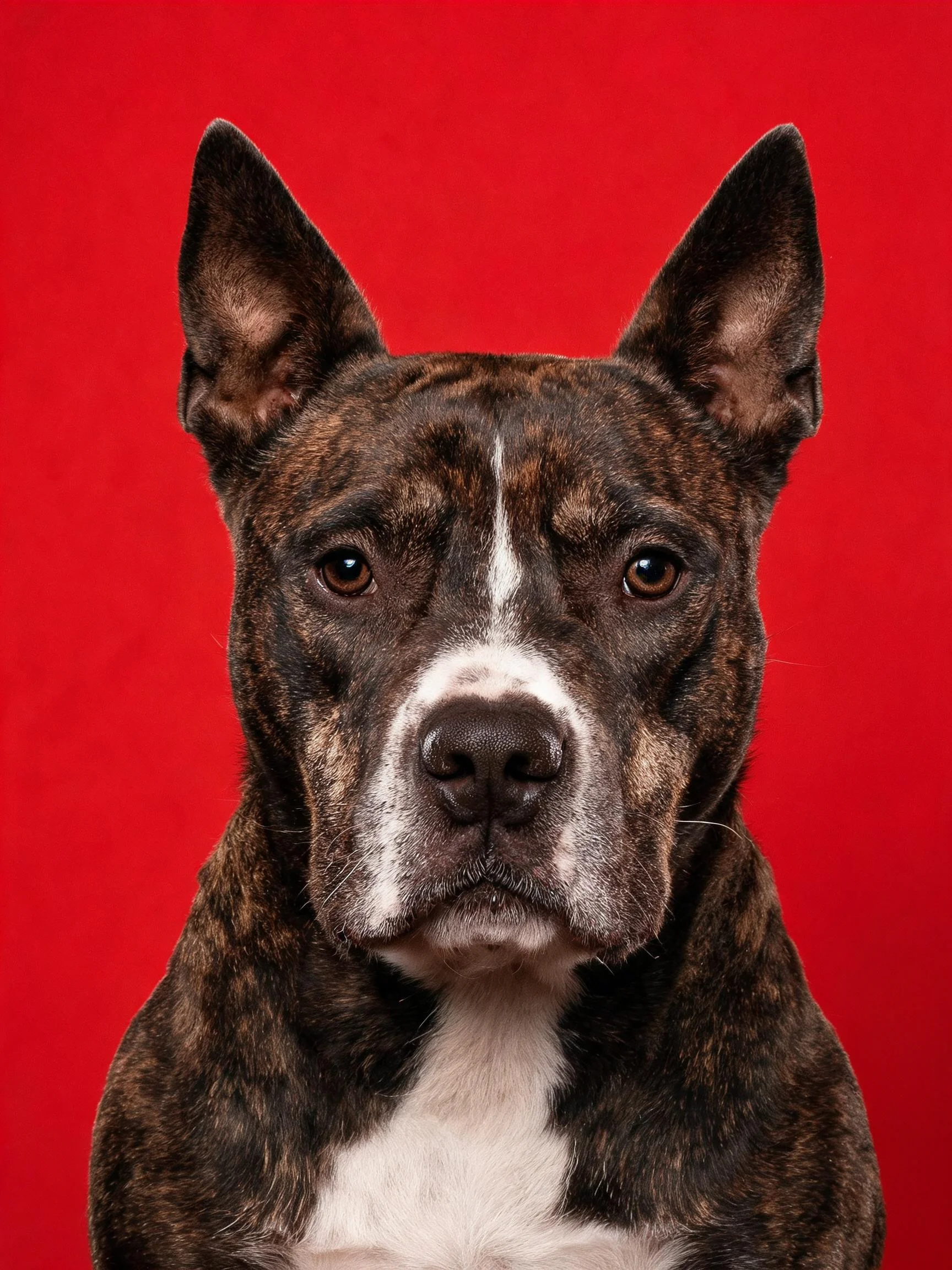 斗牛梗类犬有着深棕色带白色斑纹的被毛,耳朵竖立,眼神平静注视前方。