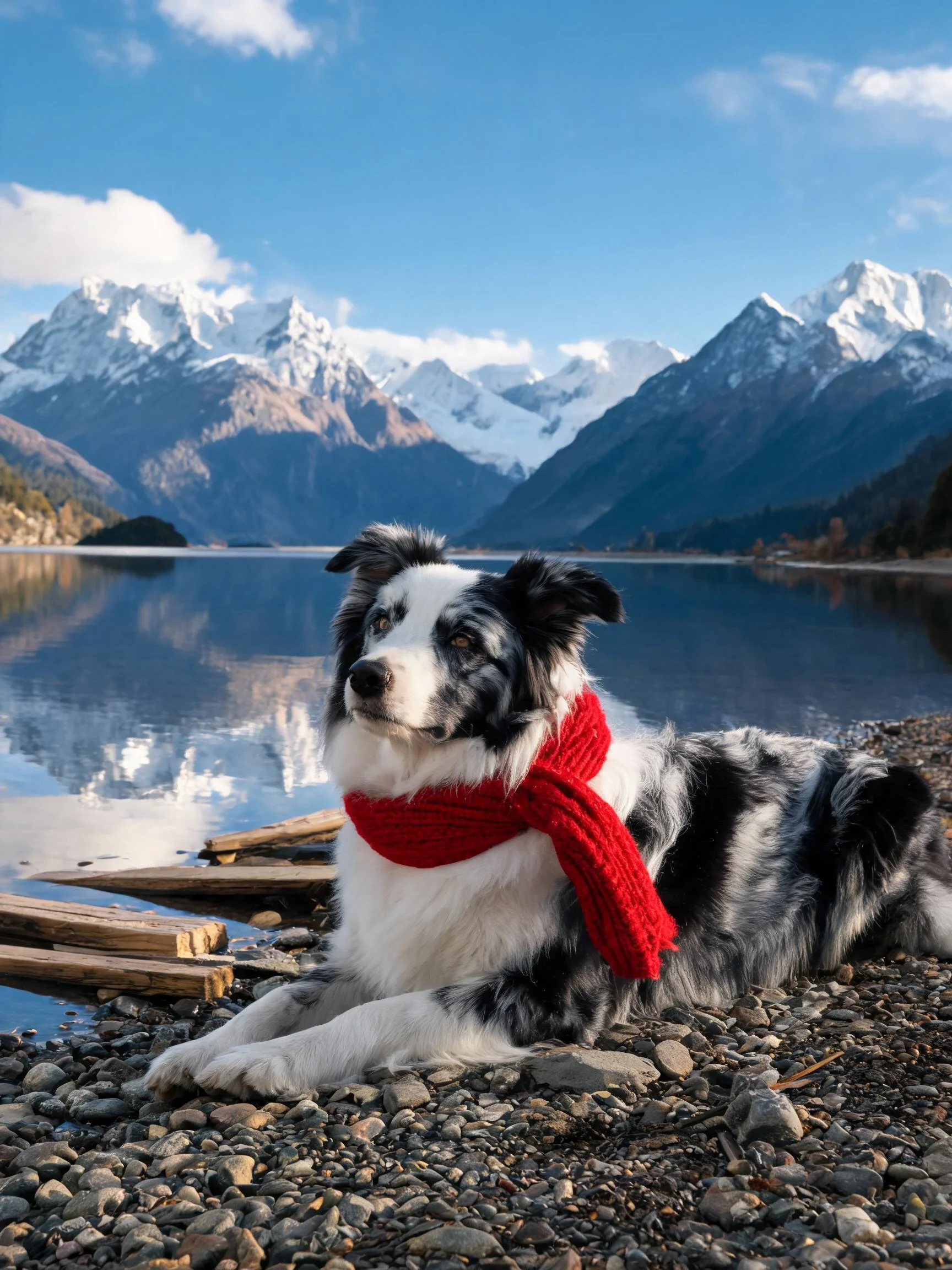 边境牧羊犬趴在湖边岩石上,脖颈处围着红色围巾,黑白相间的被毛清晰可见。