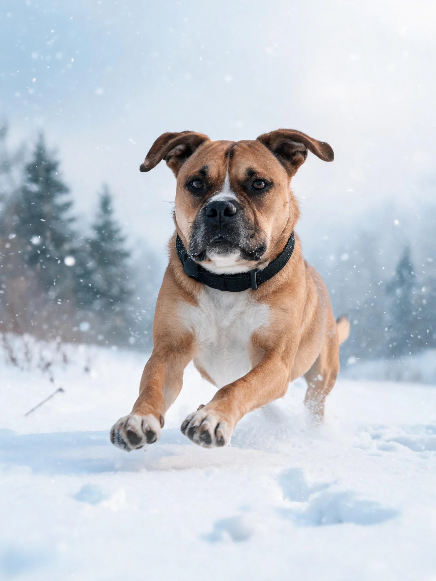 一只拳师犬在雪地中奔跑,浅棕色皮毛带有白色斑块,黑色项圈清晰可见,前爪抬起处于动态姿态。