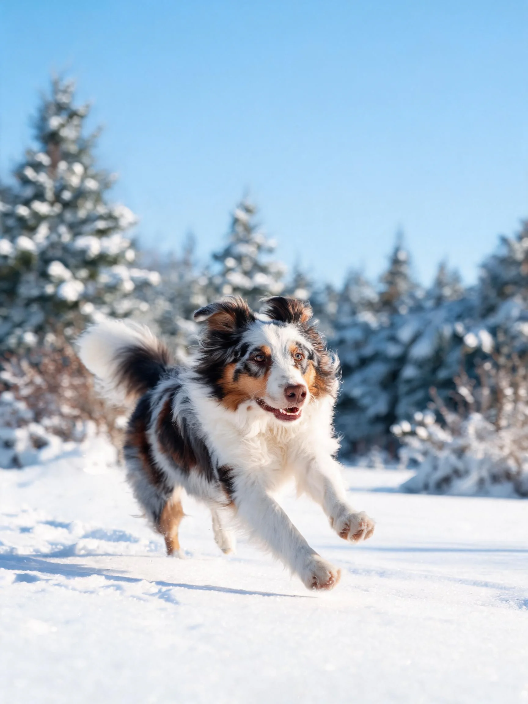 澳大利亚牧牛犬在雪地中奔跑,三色毛发清晰可见,四肢有力地踏在雪地上。